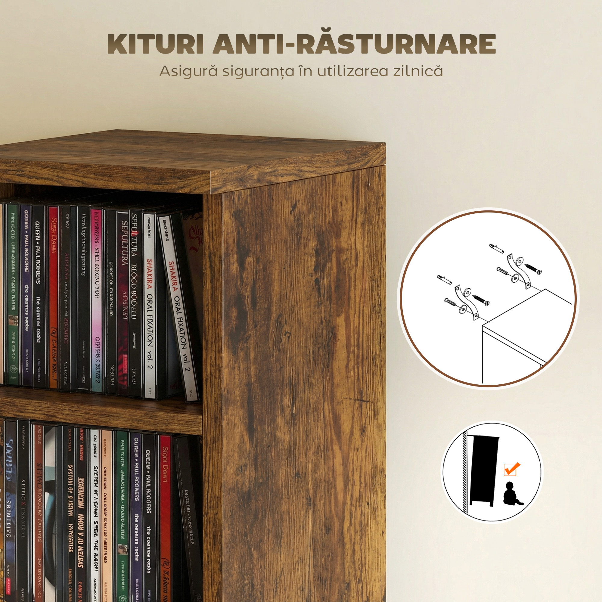  Set 2 Rafturi pentru CD-uri cu Polite Reglabile pentru 204 CD-uri din Lemn, 21x22,5x88,5 cm, Maro Rustic [6]