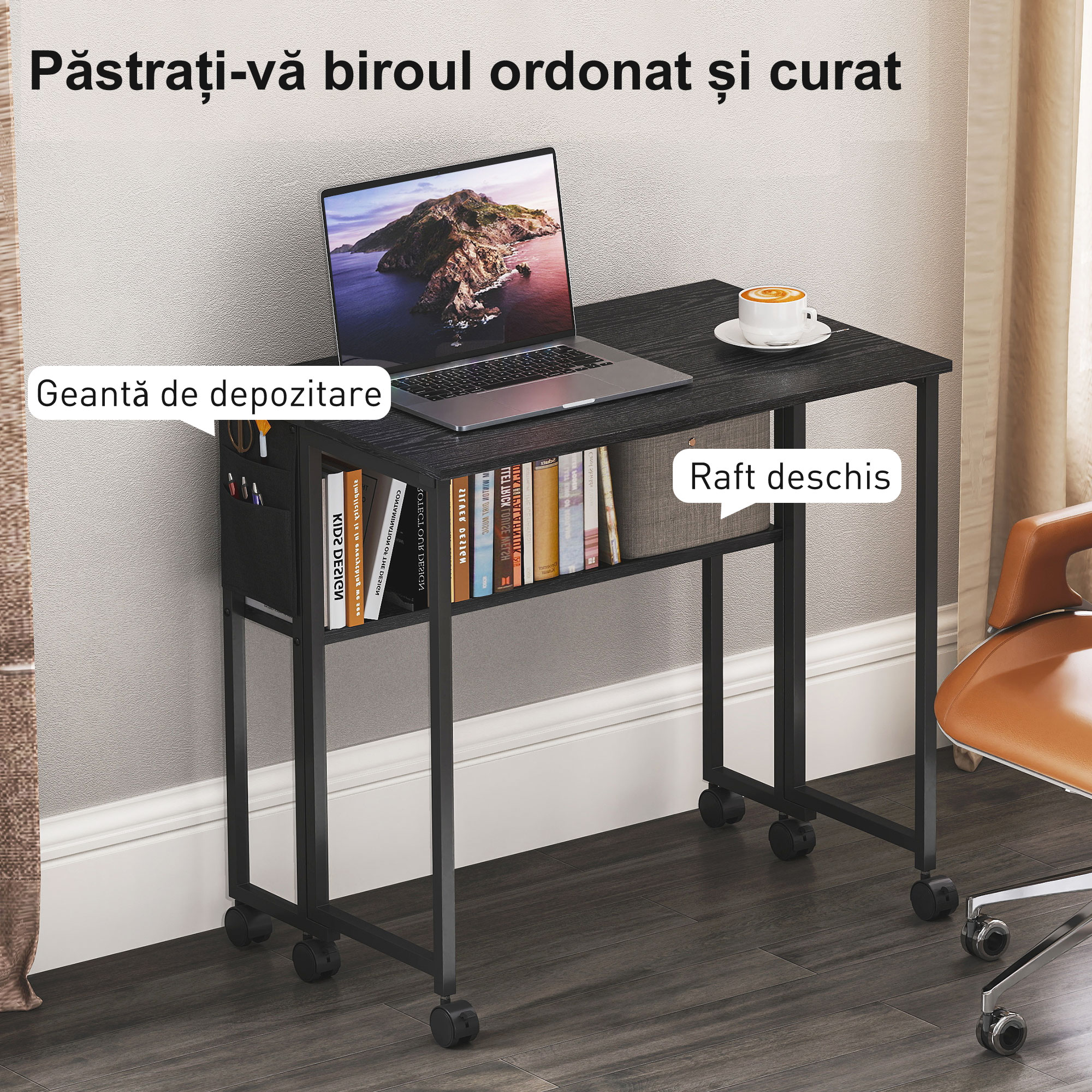  Birou Pliabil cu Blat Rabatabil, Raft, Buzunar si Roti, Negru [4]