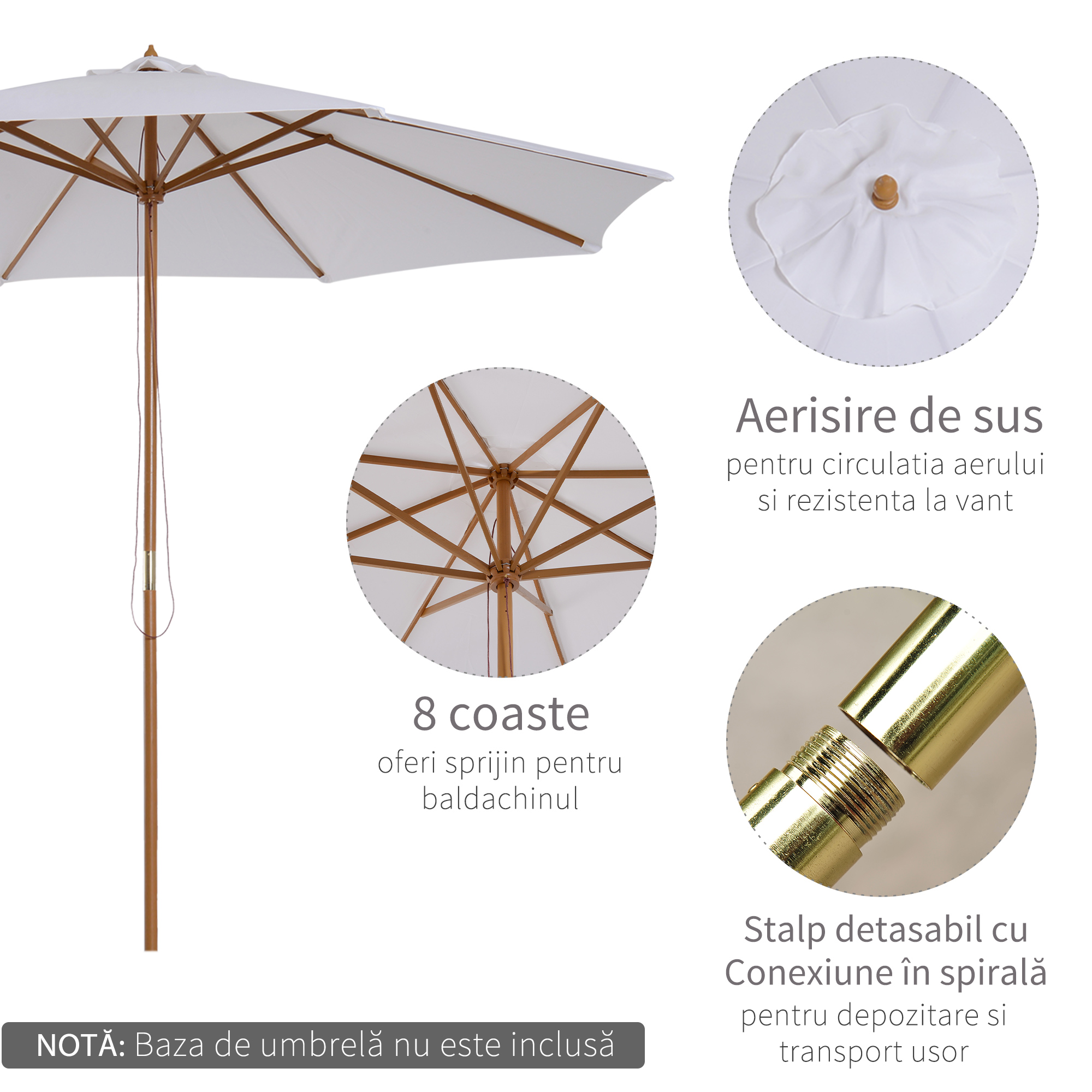  Umbrela din Lemn Umbrela Soare pentru Gradina Balcon Alb 3 m [4]