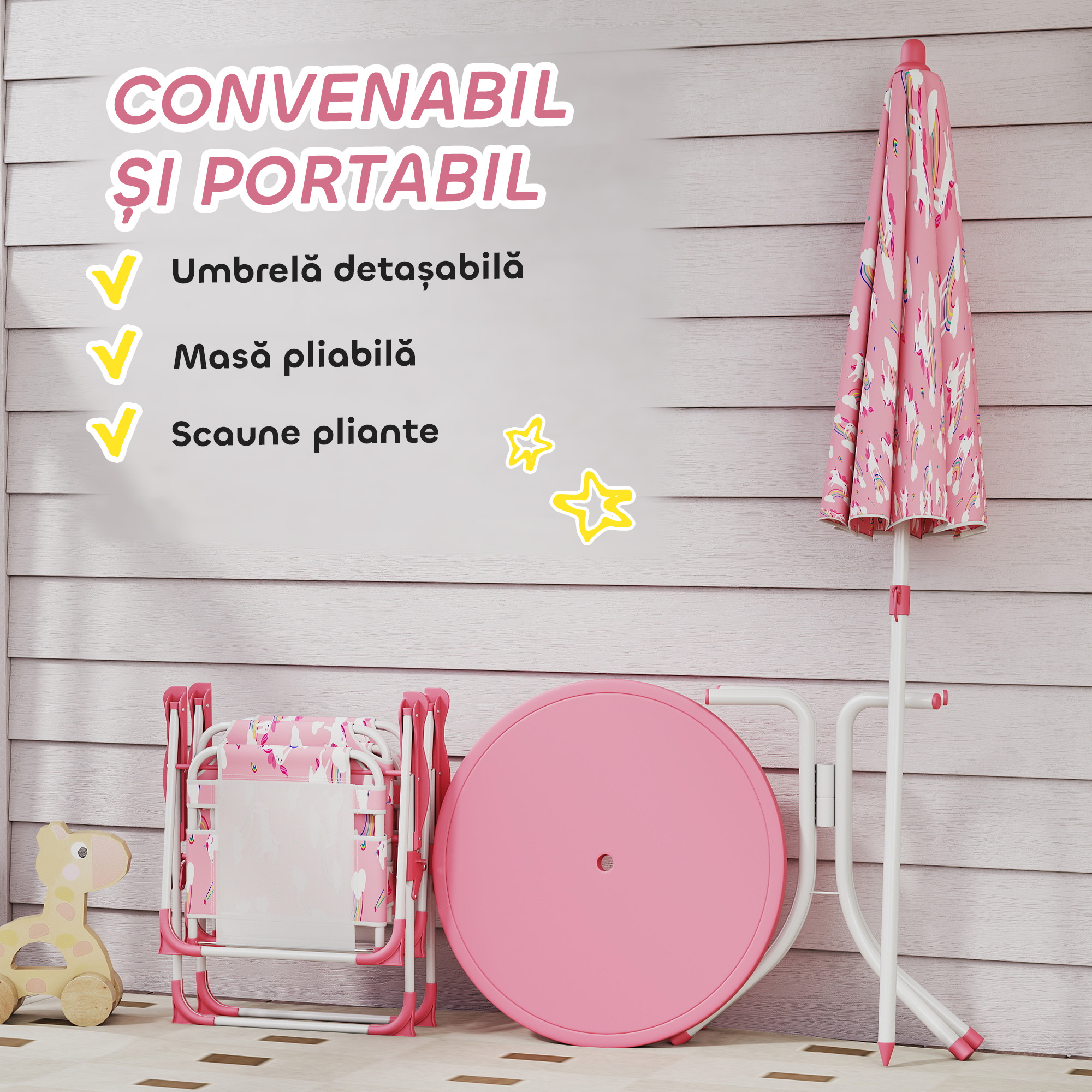  Masa de Picnic pentru Copii, Set Masa si Scaune cu 2 Scaune Pliabile si Umbrela Detasabila, Tema Jungla, Mobilier de Exterior pentru Gradina, Patio, Roz [4]