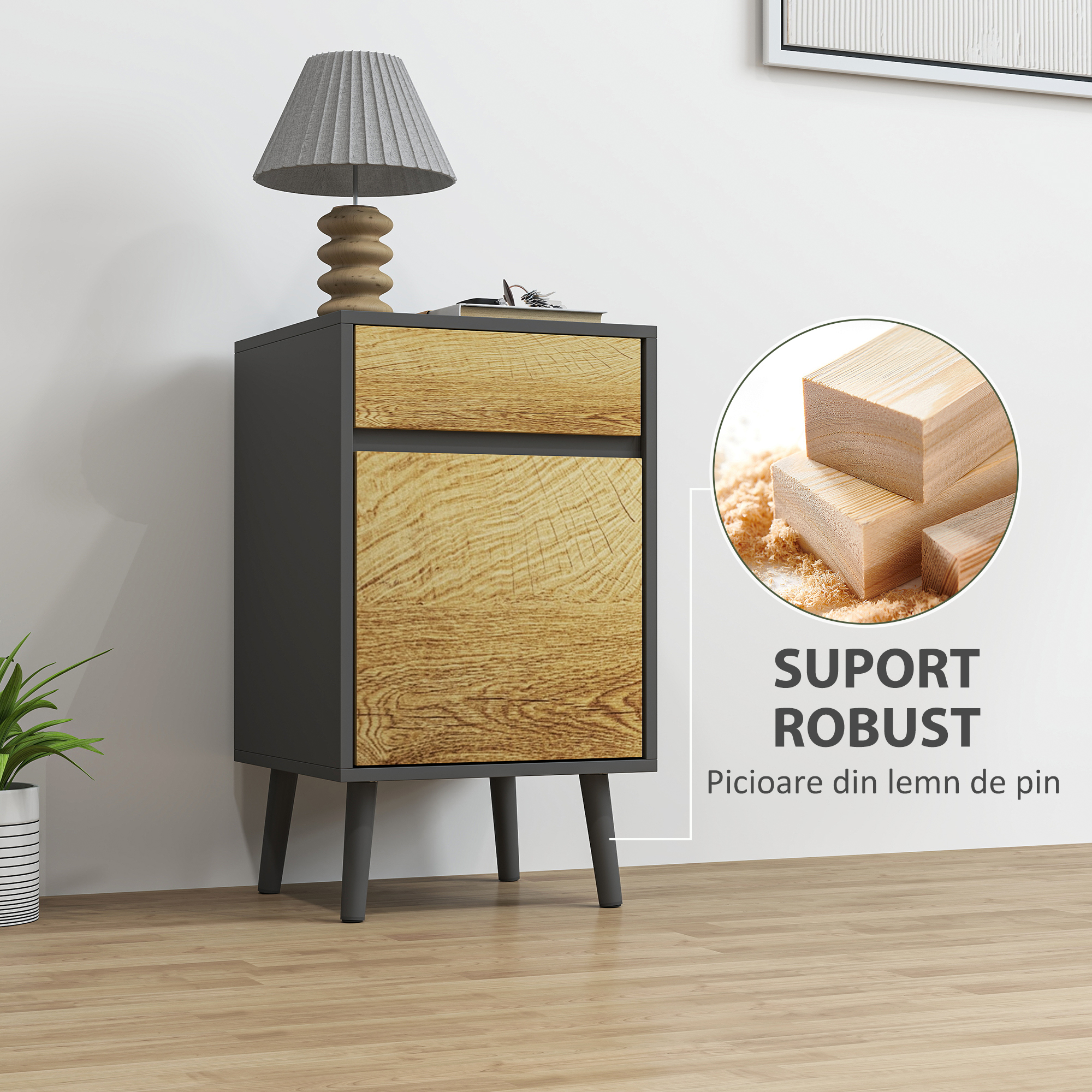  Noptiera Moderna cu Sertar si Dulapior fara Manere Gri inchis [6]