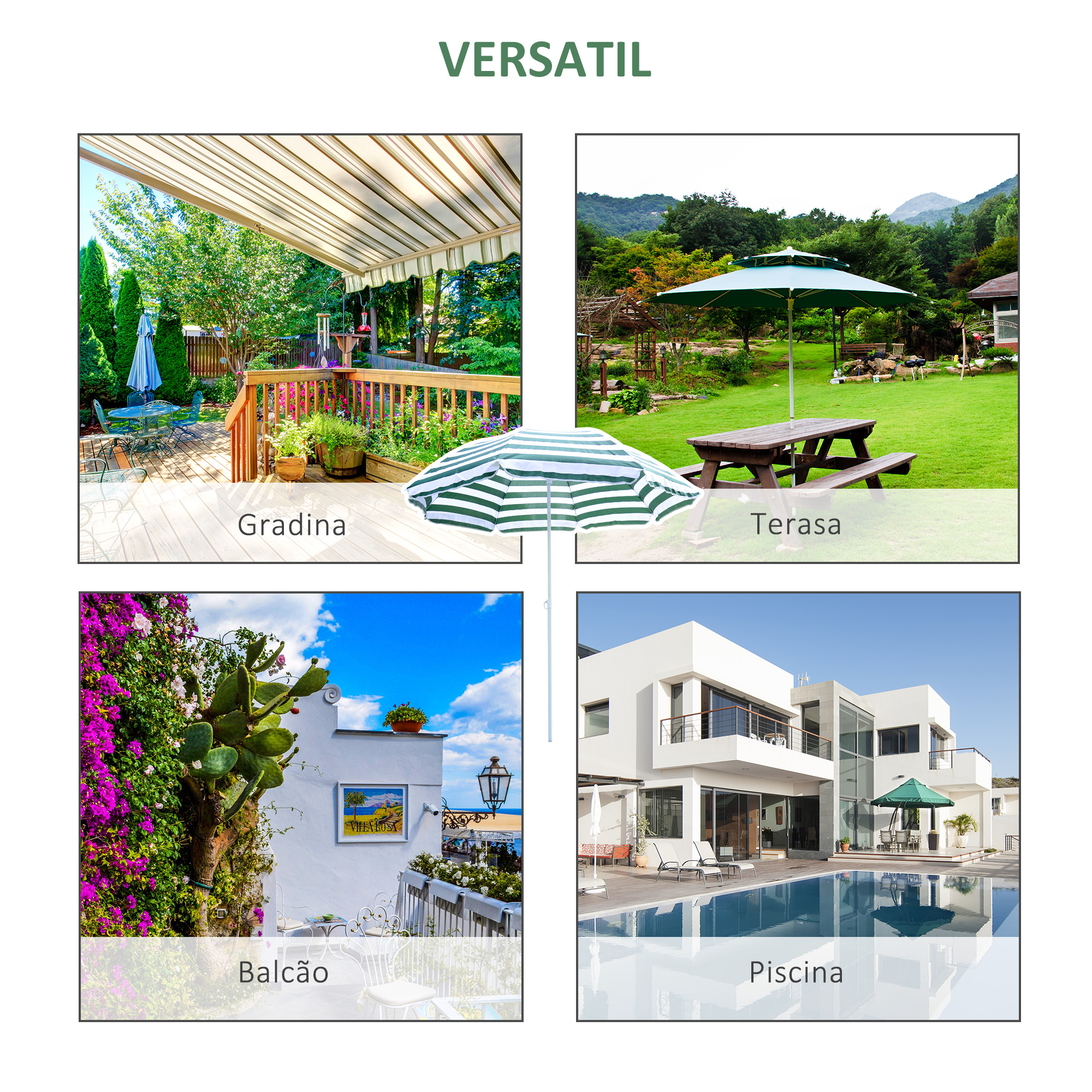  Umbrela de Plaja cu Acoperis inclinabil la 45°, Ø1.8x2 m, Verde si Alb [5]