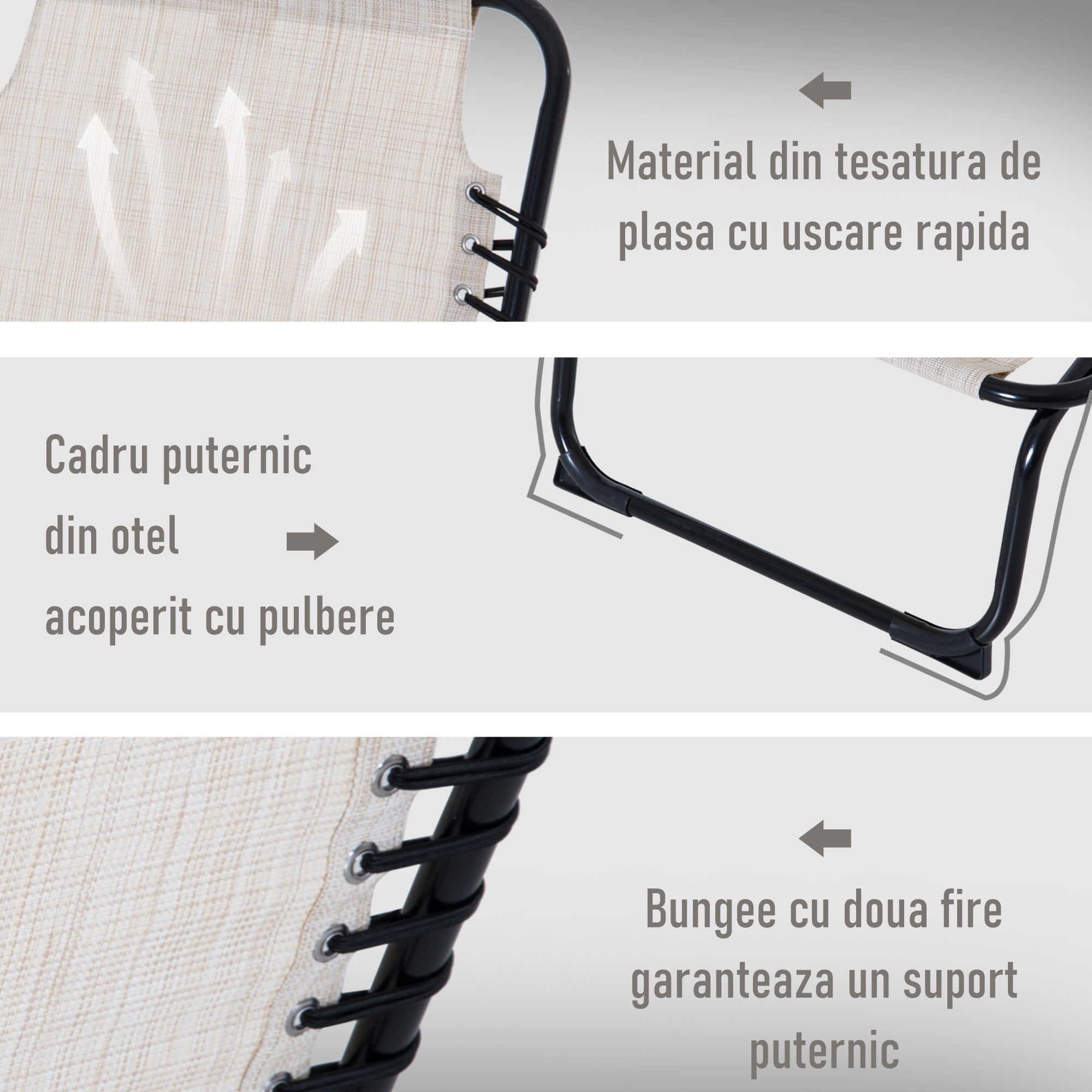  Sezlong portabil din otel si material tip plasa, care permite circularea aerului, cu spatar reglabil pe 4 pozitii, 197x58x26 cm, negru si crem [4]