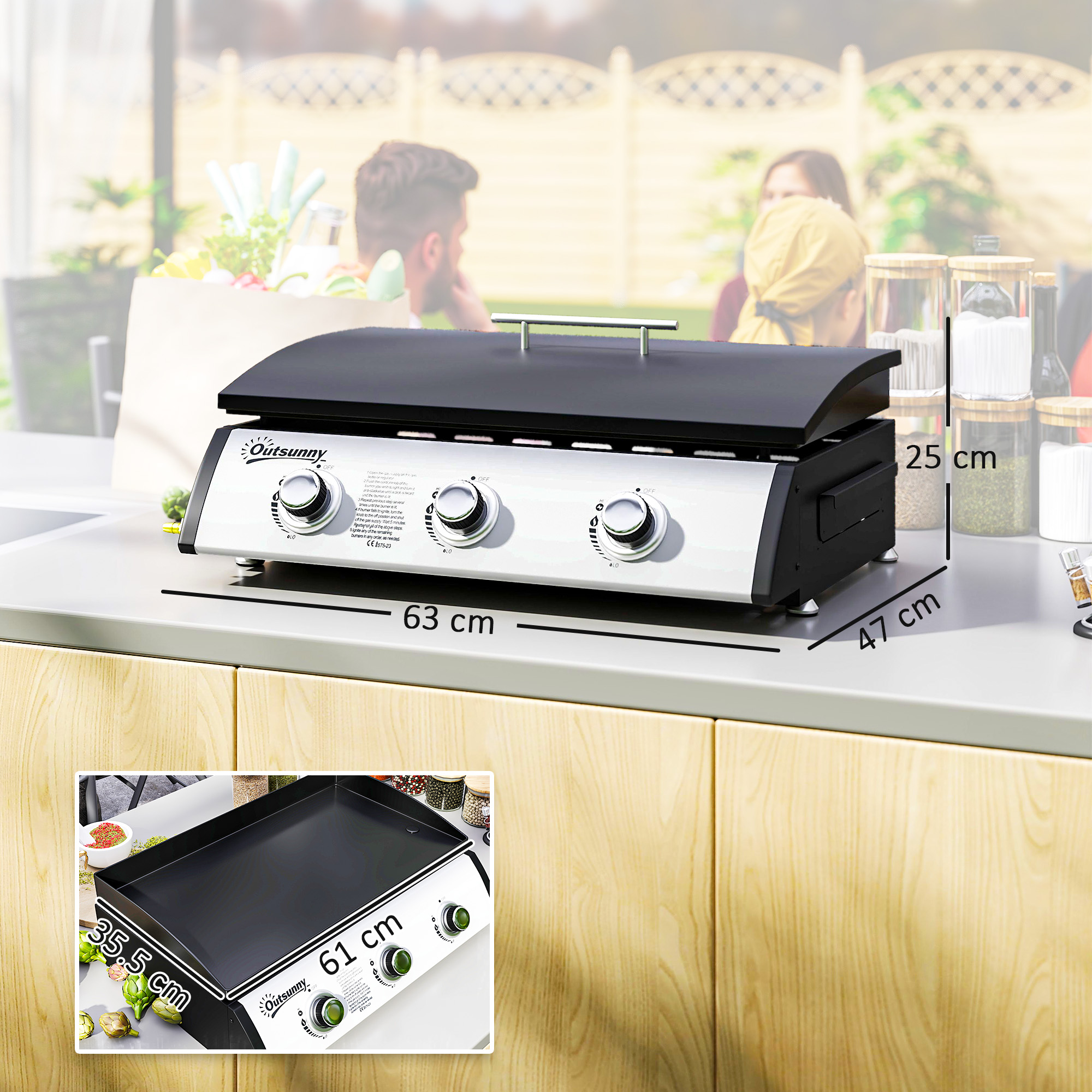  Plita pe Gaz din Otel Emailat cu 3 Arzatoare, Putere 7.5kW, 3 Zone de Gatit si Capac, Negru [2]