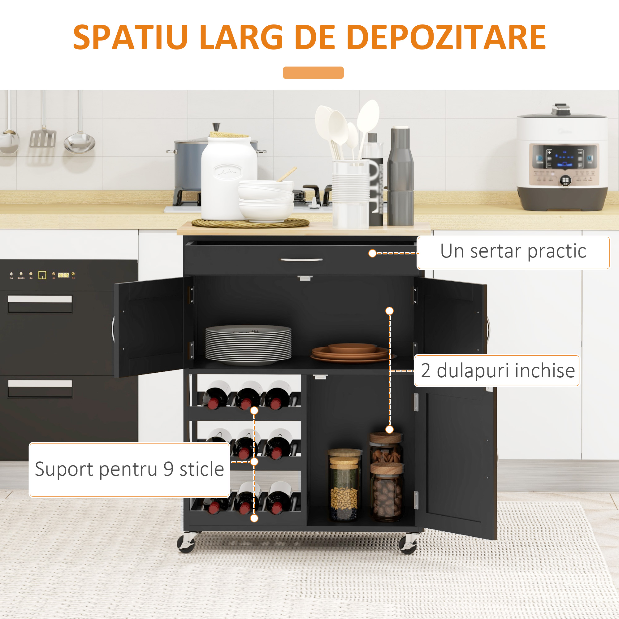  Carucior de Bucatarie din Lemn cu Suport pentru Sticle, 3 Usi si Sertar, 67x37x87 cm, Negru si Stejar [3]