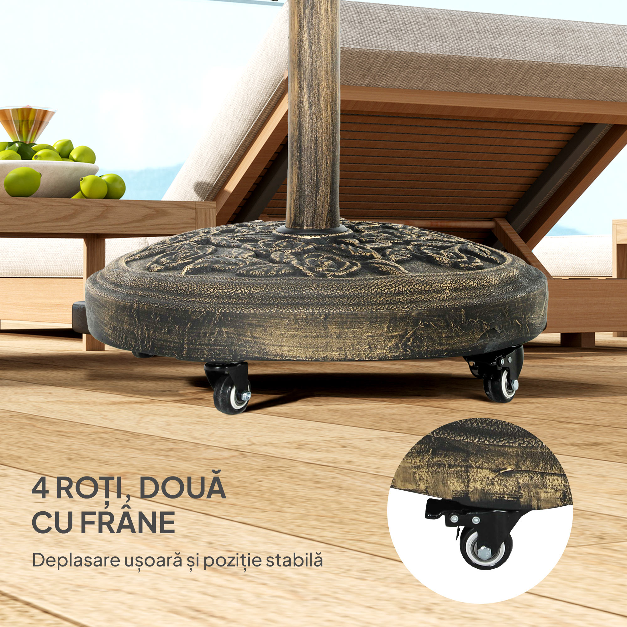  Baza Rotunda pentru Umbrela, 21 kg, Suport din Rasina cu Roti si Stalp pentru Umbrele de 32mm/38mm/48mm, pentru Gradina, Terasa, Piscina, Bronz [5]