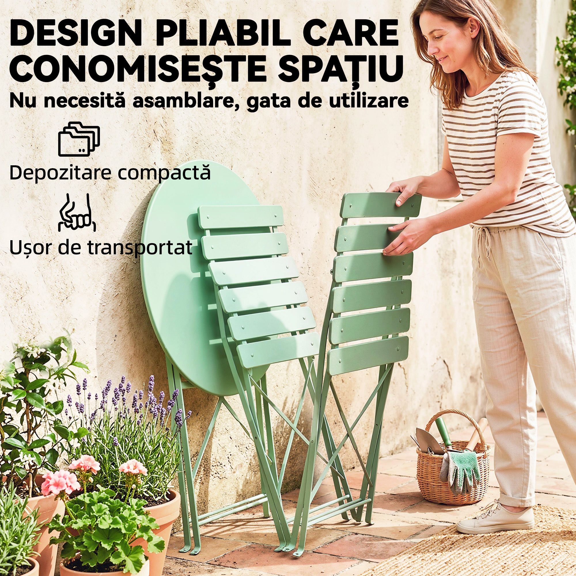  Set Gradina Bistro: Masa Rotunda si Scaune Pliabile pentru 2, Verde Deschis. [5]