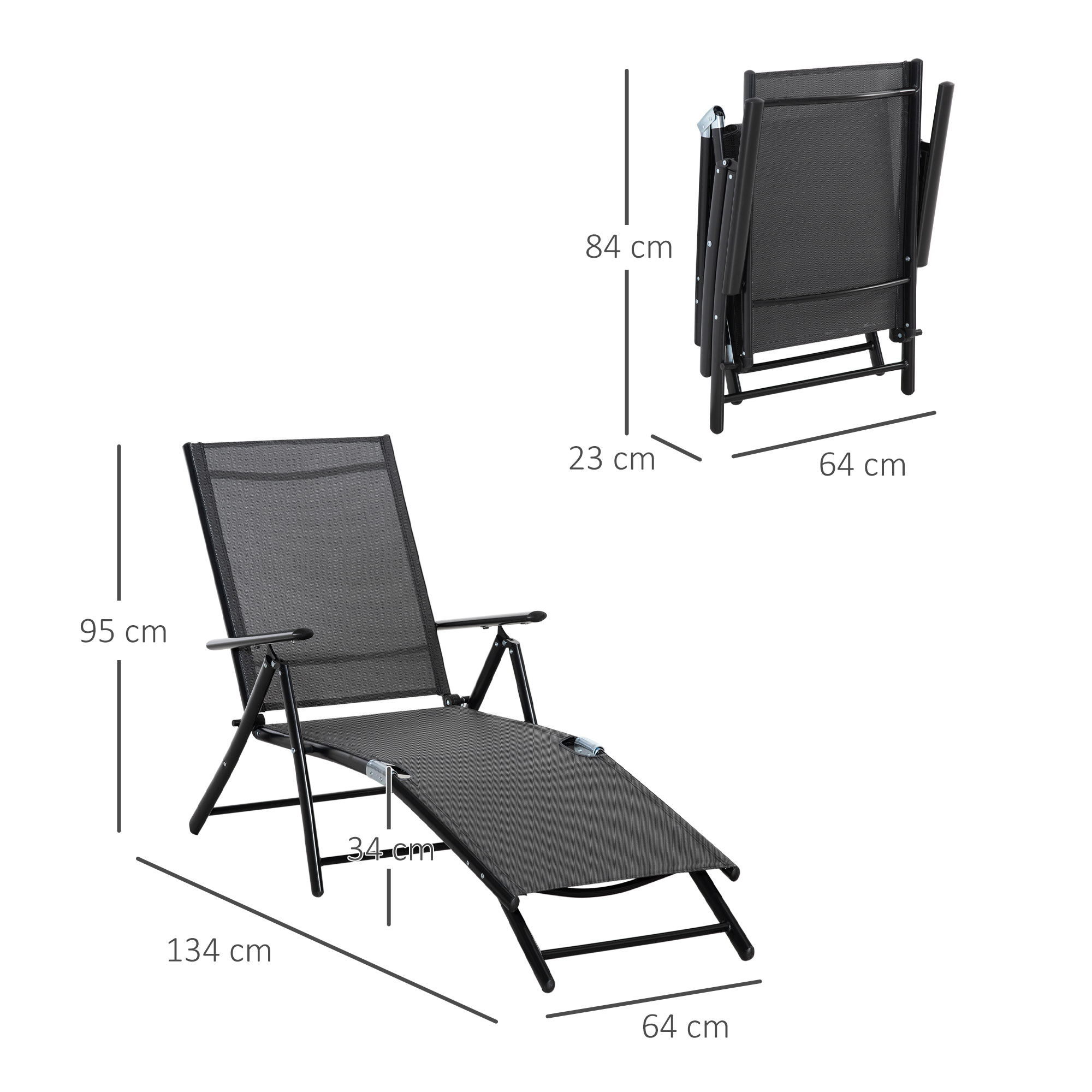  Set 2 Sezloguri de Gradina Pliabile cu Spatar Reglabil in 7 Pozitii, din Aluminiu si Plasa Respirabila, 64x134x95cm, Negru [2]