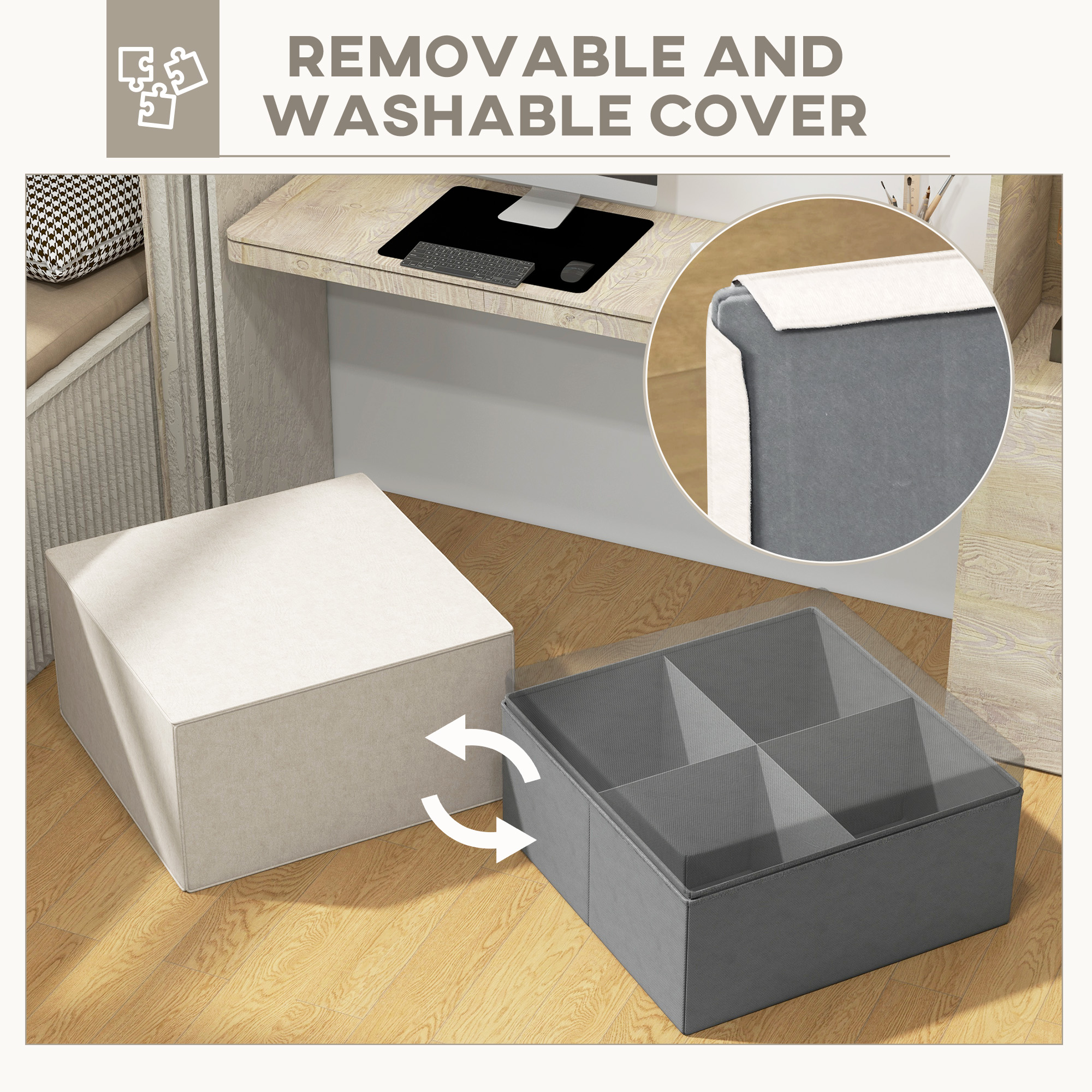  Taburet pentru Picioare 2 in 1 cu Husa Detasabila, Suport pentru Picioare, 75x75x41 cm, Bej [5]