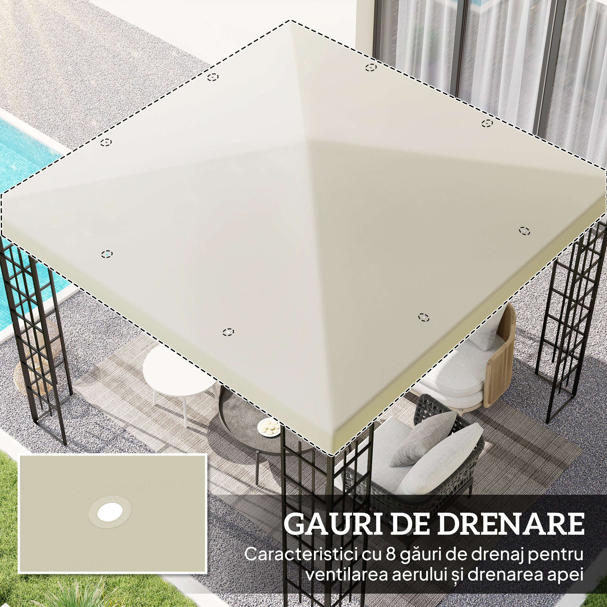  Acoperis pentru Gazebo de Gradina 3x3 m din Material Oxford 600D cu Orificii de Drenaj, Alb Crem [3]