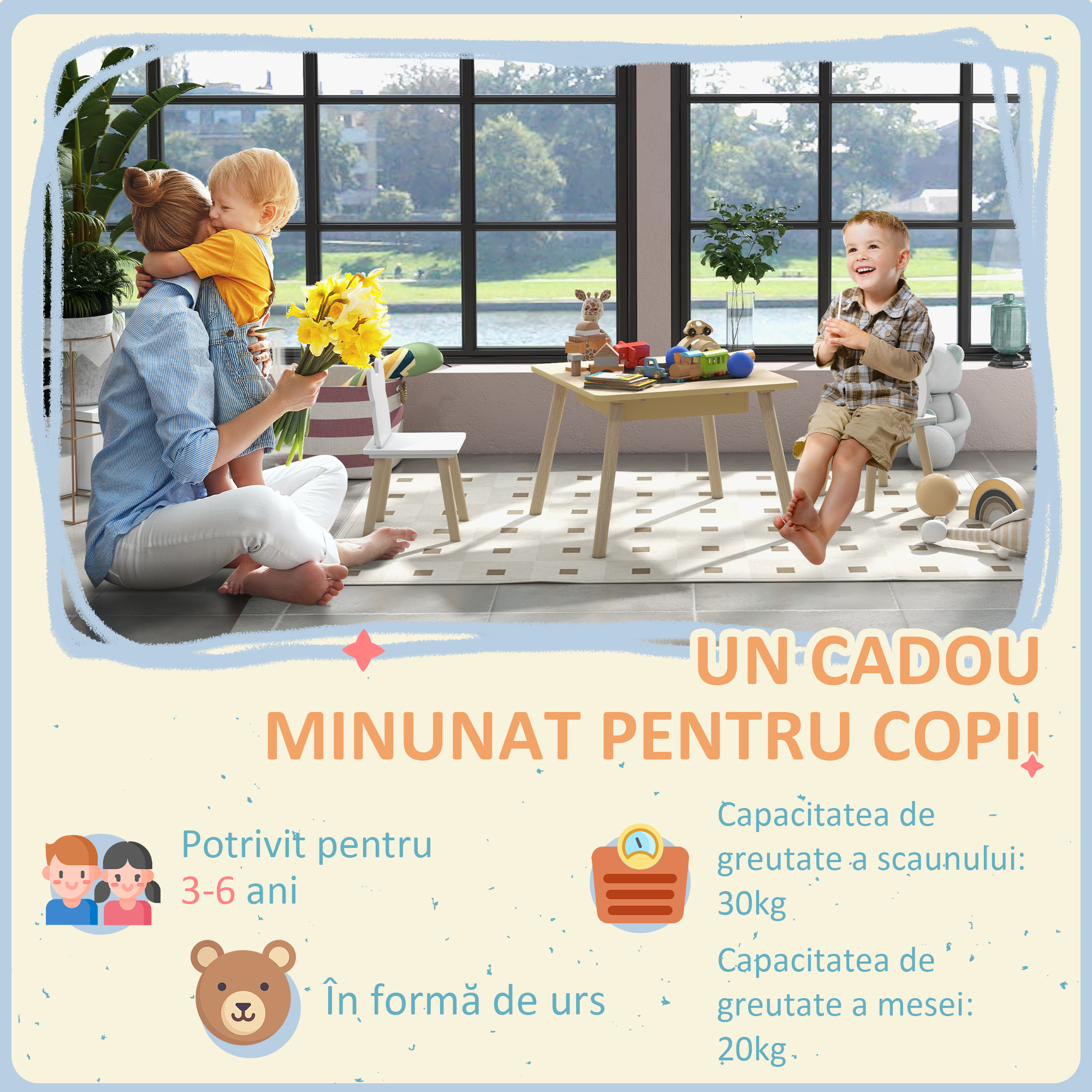  Set Masa si 2 Scaune pentru Copii 3-6 ani, cu Tabla de Scris si Loc de Depozitare, 60x60x44 cm, Lemn Natural [4]