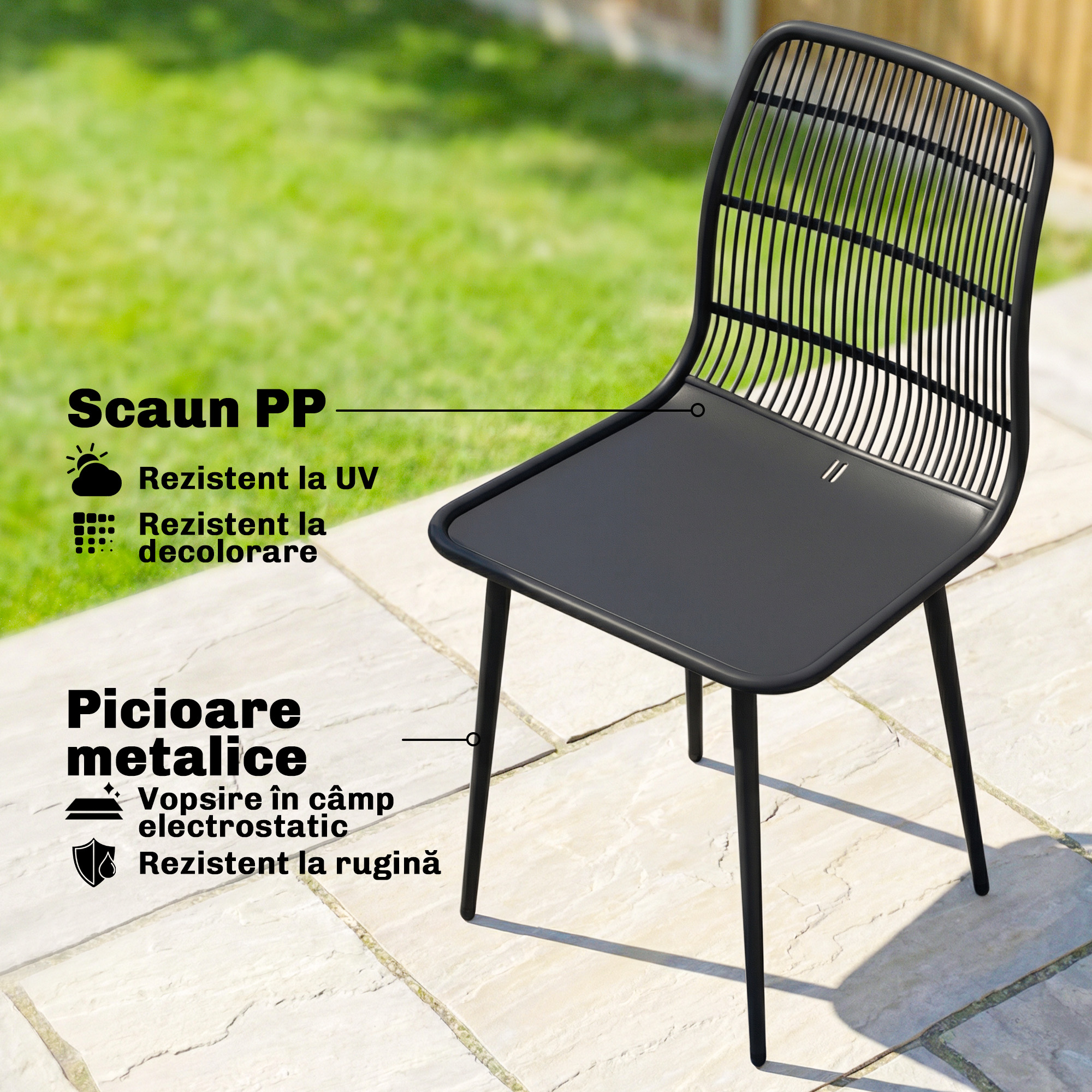  Scaune de Dining pentru Exterior Set de 4, Scaune de Gradina cu Spatar Fisurat, Negru [5]
