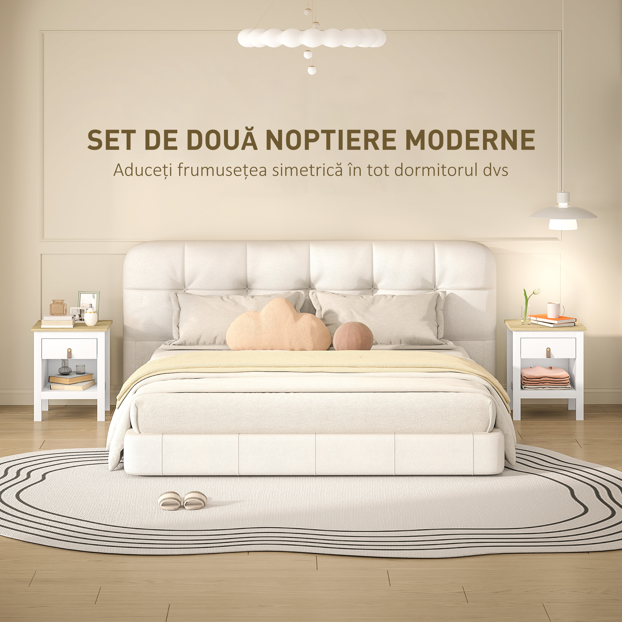  Set 2 Noptiere cu Sertar si Raft Deschis din Lemn, 45x40x55 cm, Alb si Stejar [3]