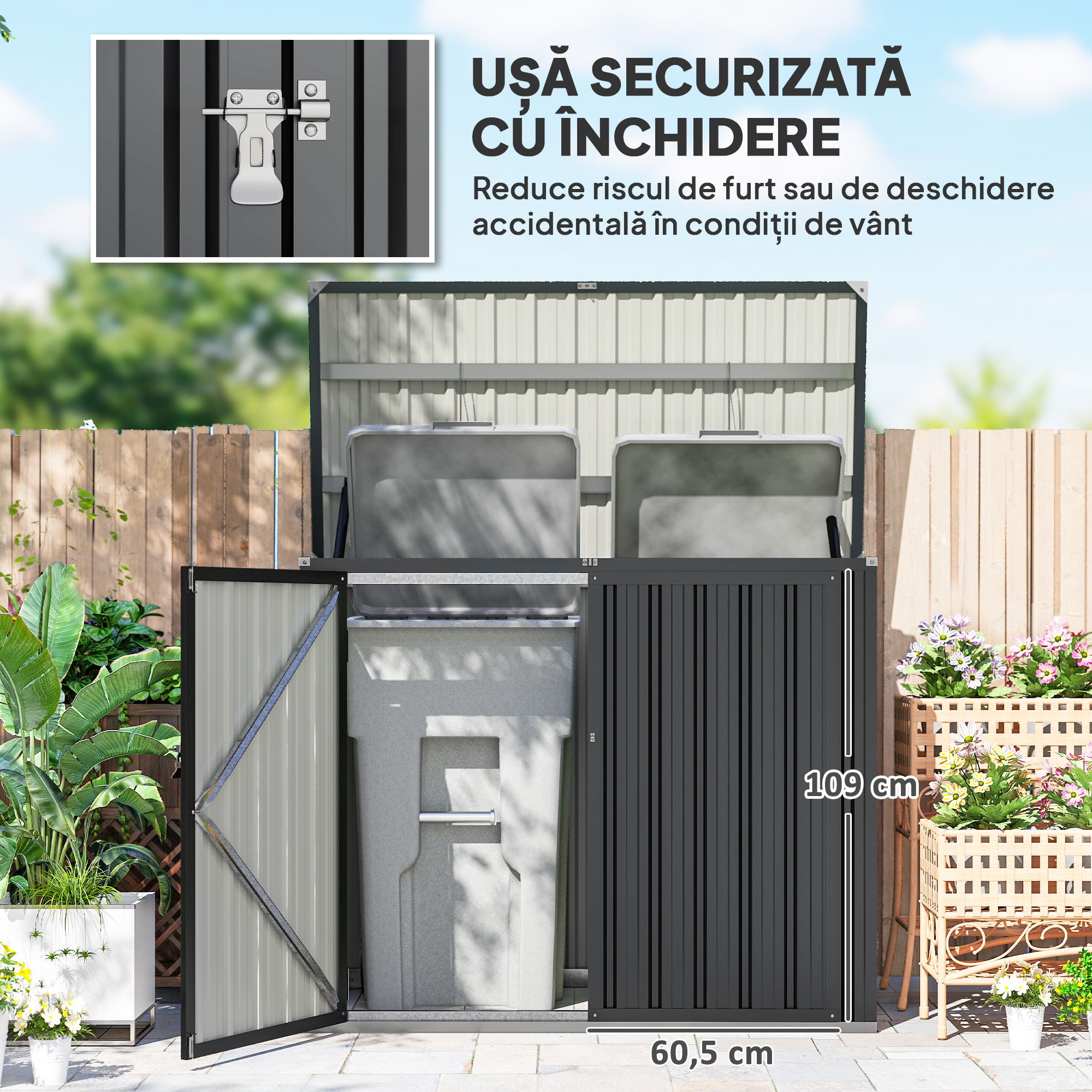  Depozit pentru Exterior 1.1m² din Otel Galvanizat cu 2 Usi Blocate, Depozit pentru Cosuri de Gunoi cu Capac Rabatabil, Magazina pentru Gradina pentru 2 Cosuri si Unelte, Gri inchis [4]