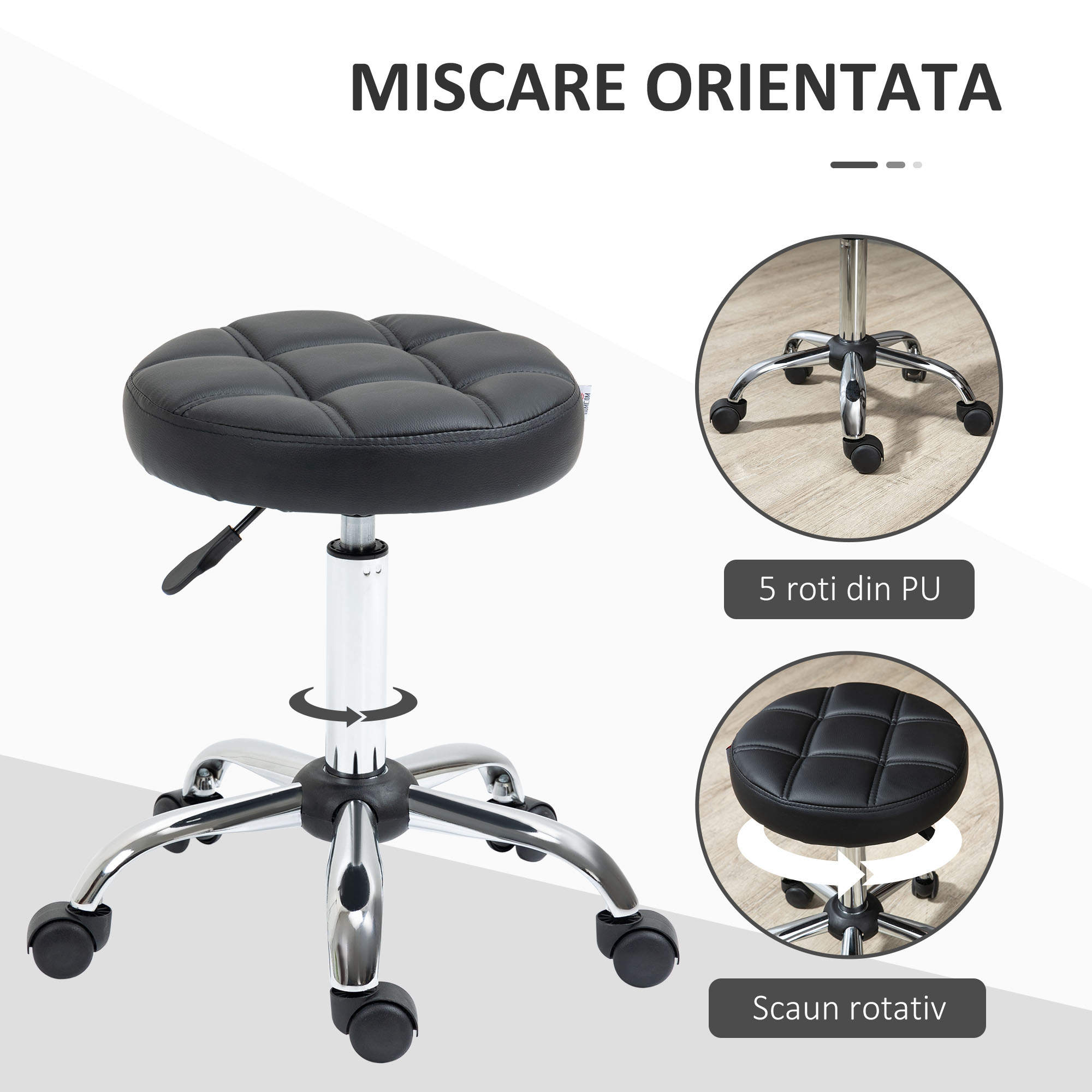  Scaun Rotativ Rotund cu Roti, inaltime Reglabila si Tapiterie din Piele Ecologica, Negru [5]