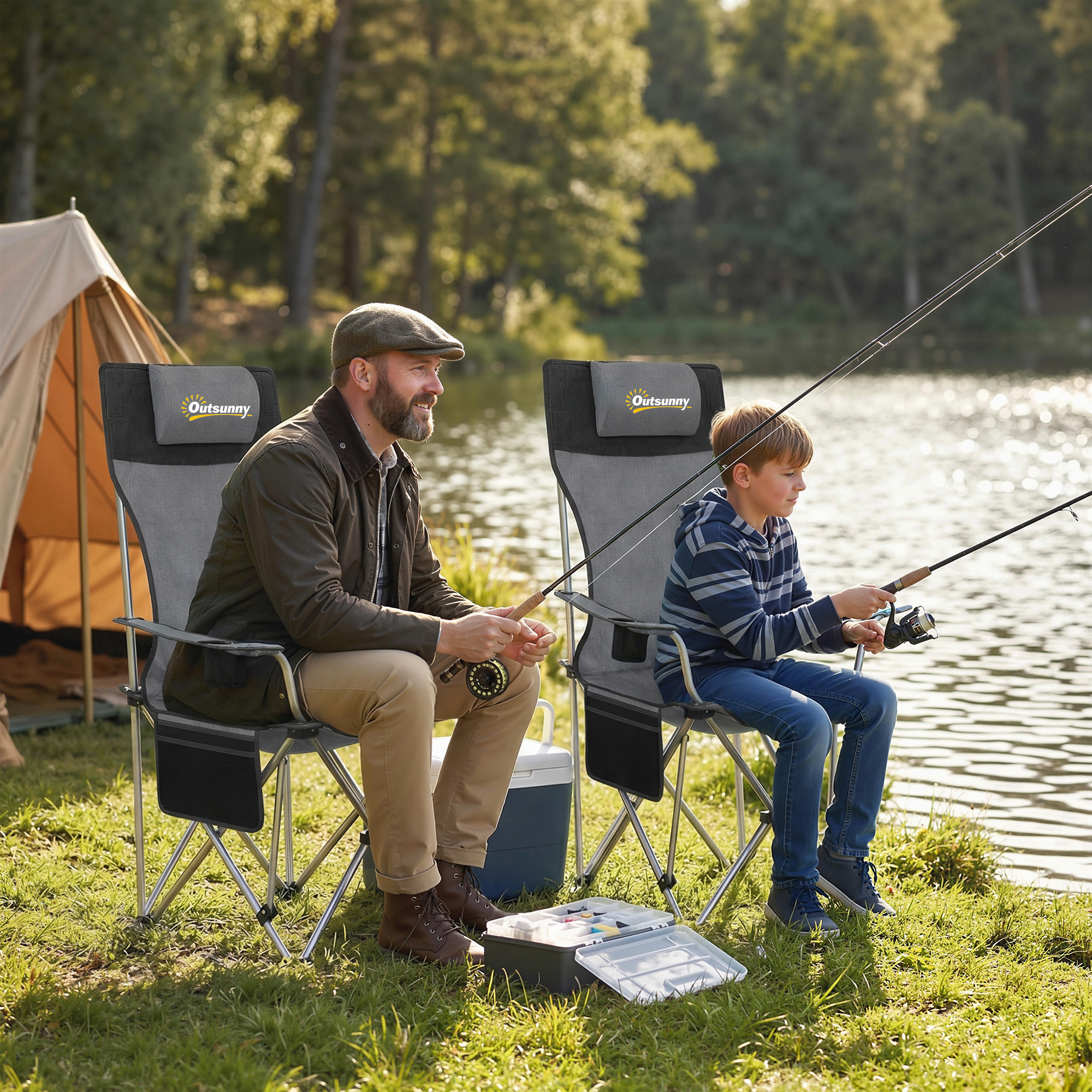  Set de 2 Scaune de Camping Pliabile cu Suport pentru Picioare Detasabil, 82x100x88 cm, Negru [8]