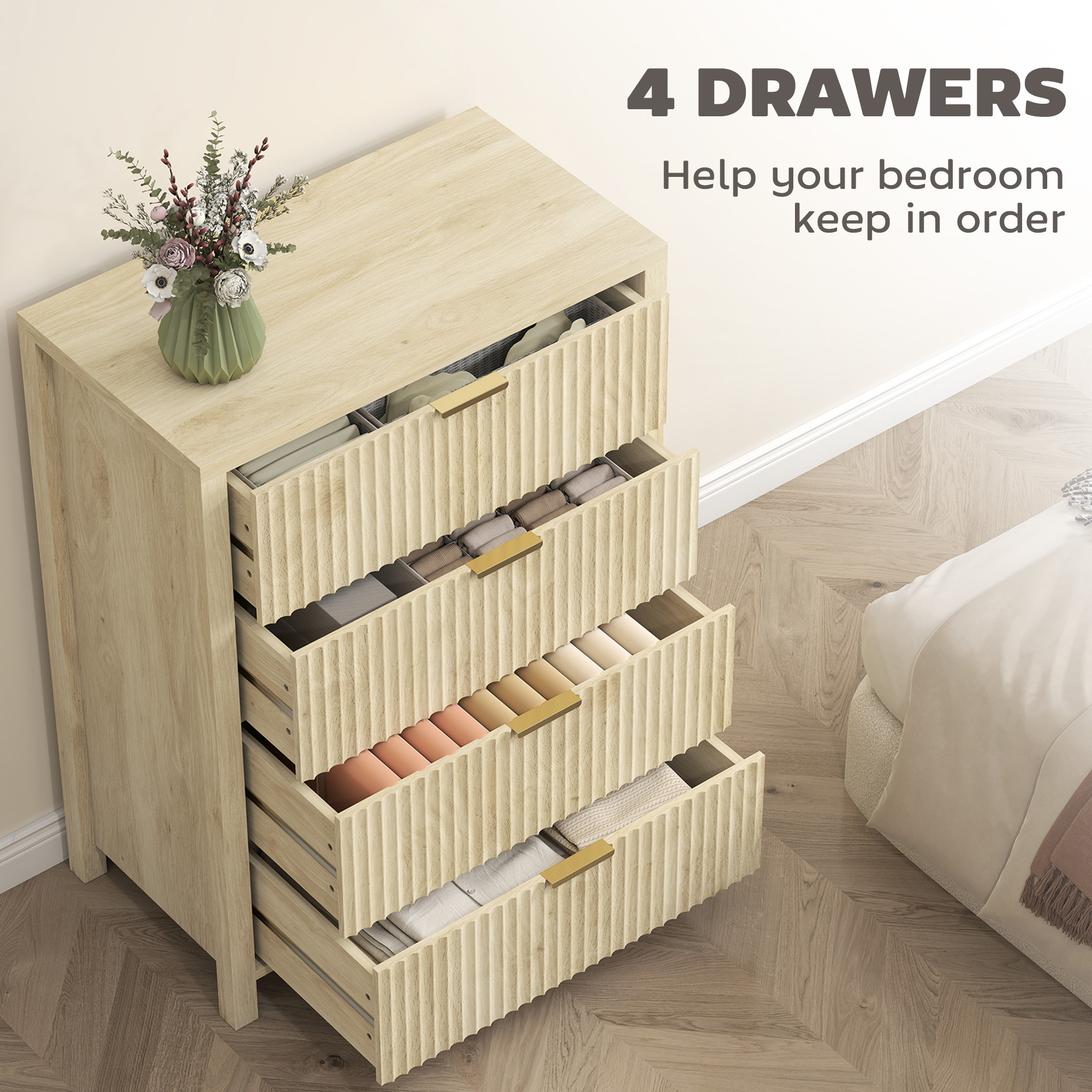  Comoda cu 4 Sertare Canelate si Manere Aurii 70x38x93 cm Lemn [3]