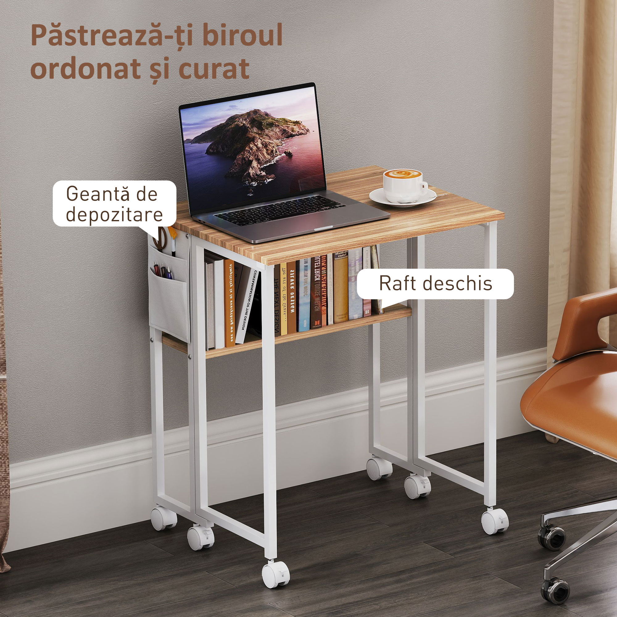 Birou Pliabil de 80 cm cu Raft de Depozitare si Blat Rabatabil pe Roti - Alb [4]
