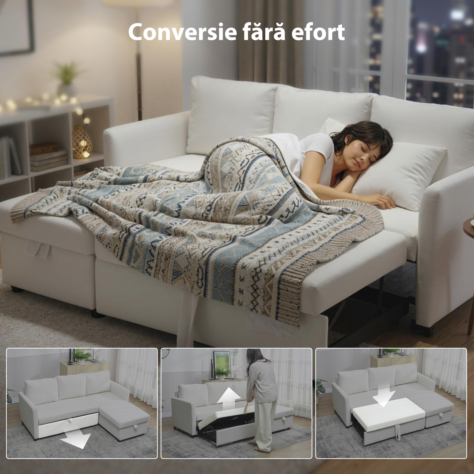  Canapea Extensibila cu 3 Locuri si sezlong, Canapea Coltar Convertibila cu Spatiu de Depozitare si 3 Perne Detasabile, Material Textil cu Efect de In, 192x148x86cm, Crem [3]