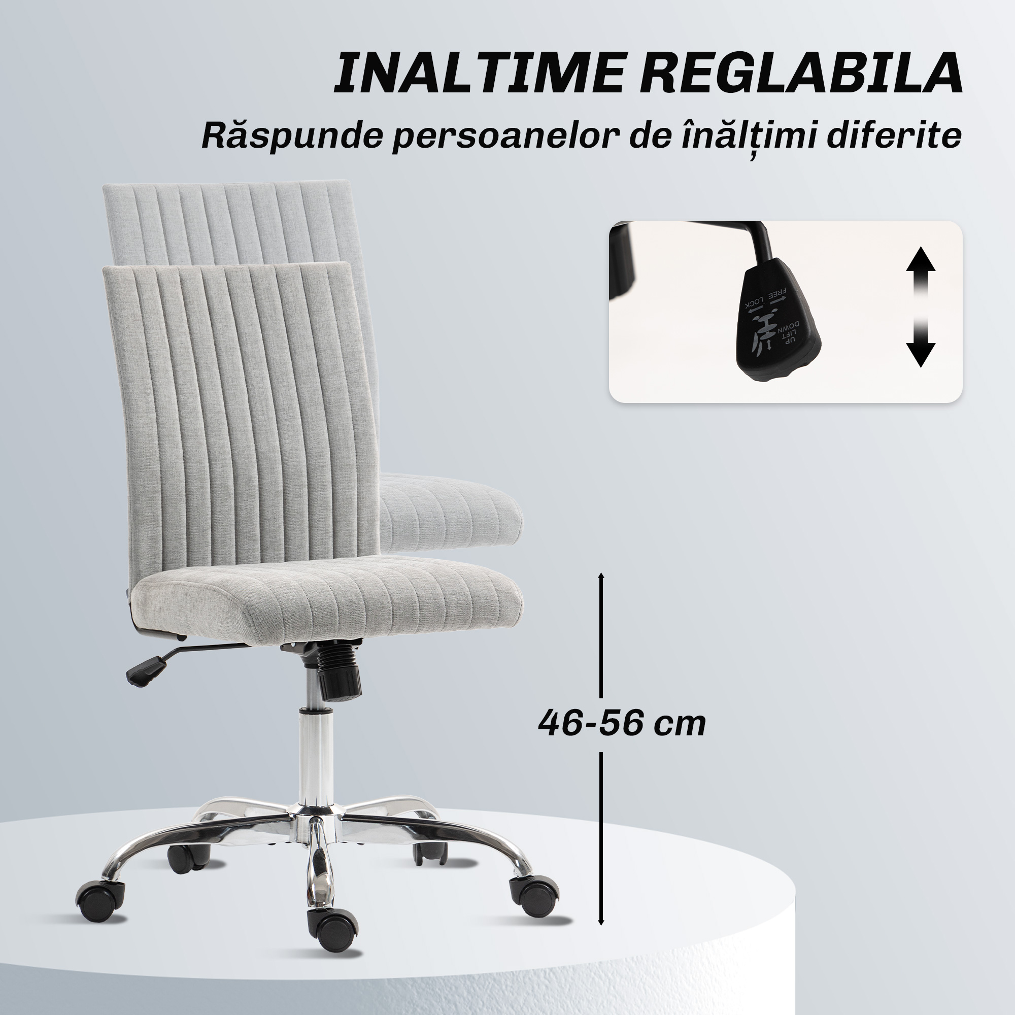  Scaun de Birou fara Brate, cu inaltime Reglabila si sezut Rotativ, Tapiterie din Material Textil, Gri [5]