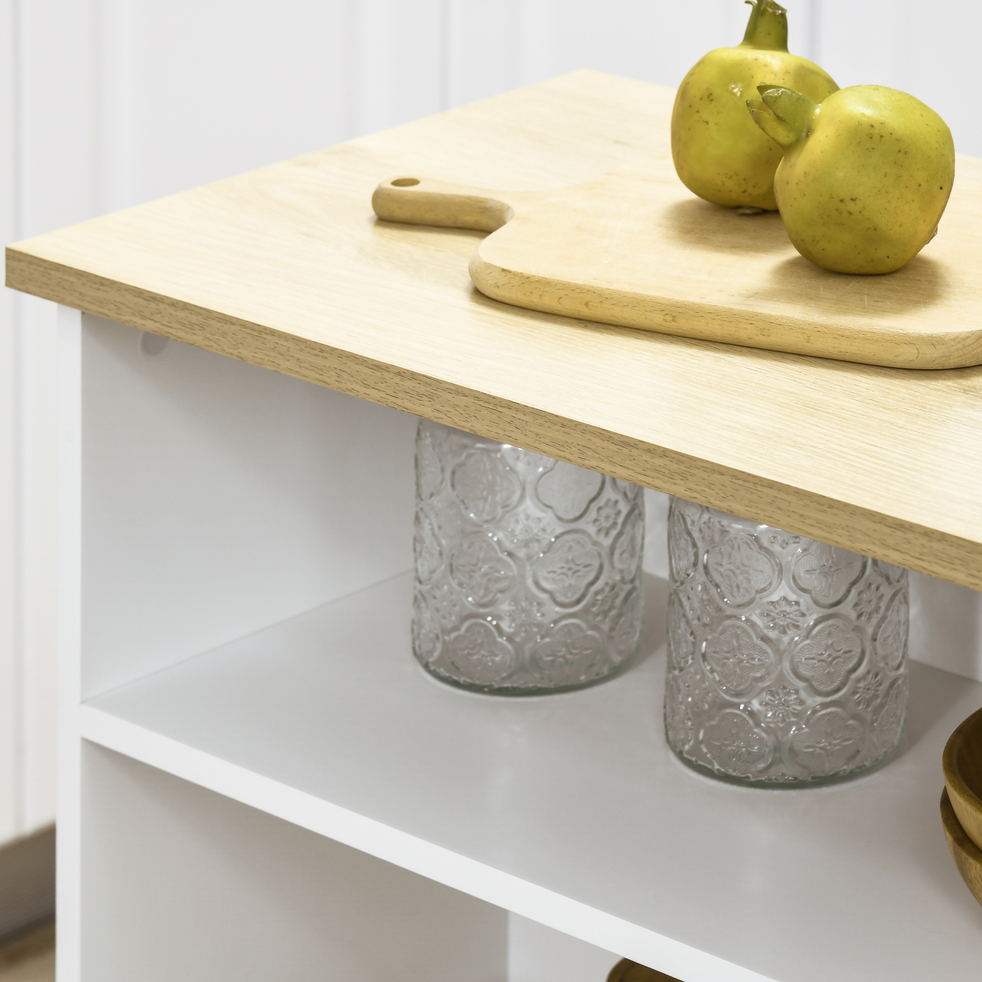  Masa pentru Bar Moderna si Extensibila din MDF pentru 2 Persoane cu 4 Rafturi deschise si Dulapior, 116x79.5x91 cm, Alb si Lemn natur [6]