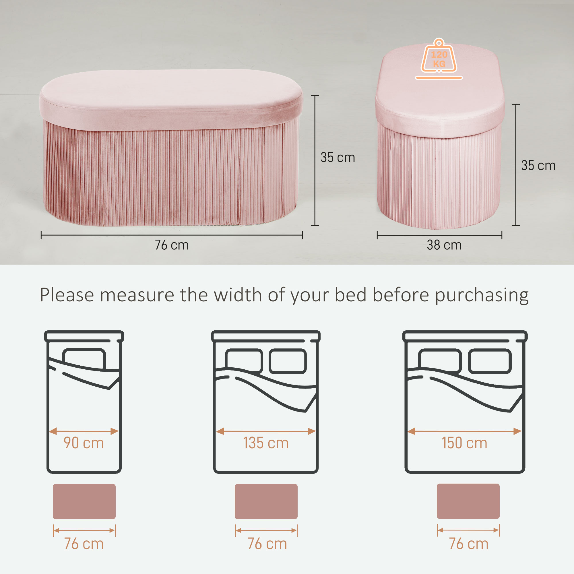  Pouf pliabil cu spatiu de depozitare modern, tapitat cu catifea, 72L, pentru living si dormitor, 76x38x35 cm, Roz [2]