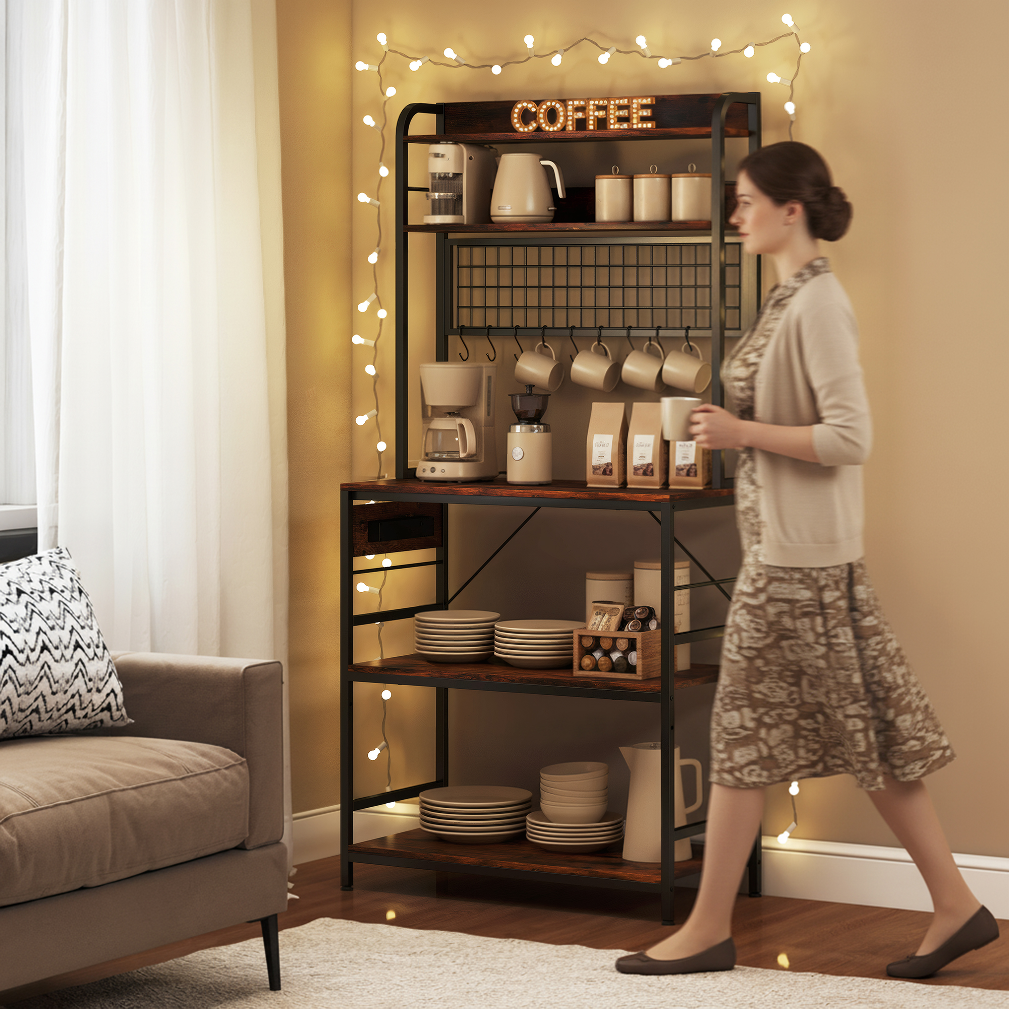  Raft de Bucatarie cu Statie de Alimentare si Rafturi Reglabile, Raft pentru Cuptor cu Microunde 5 Nivele cu Panou de Grilaj si 10 Carlige, Dulap Vintage Structura din Otel, 80x40x170 cm, Maro Rustic [7]