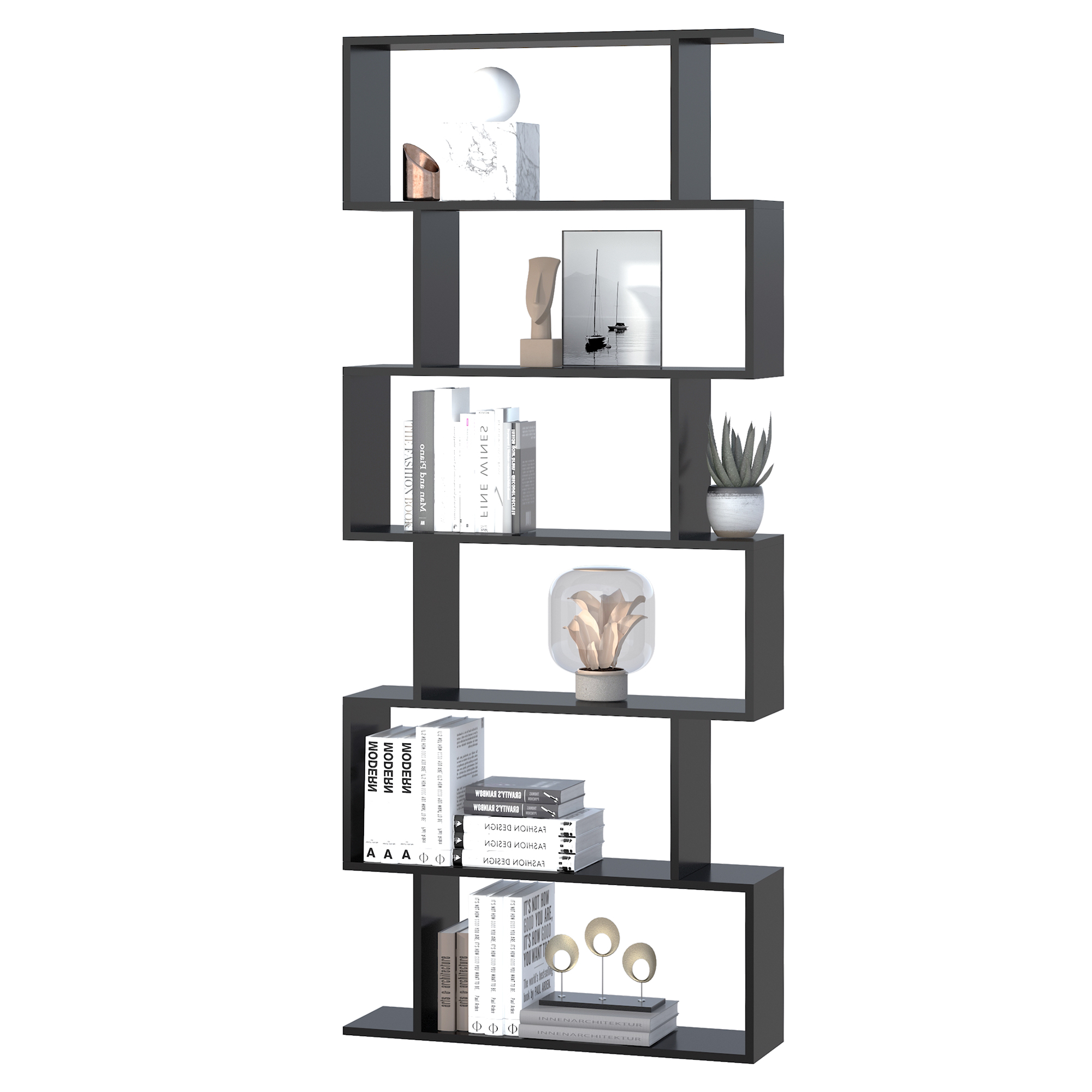 Bucatarie -  Biblioteca din Lemn, Design Modern cu 6 Rafturi, 80x23x192 cm, Negru