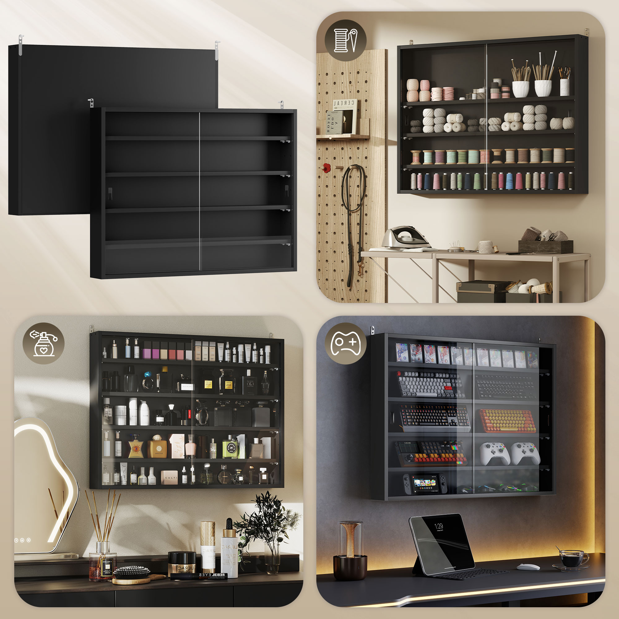  Dulap Tip Vitrina de Expozitie cu Rafturi Reglabile, Montata pe Perete, Negru [6]