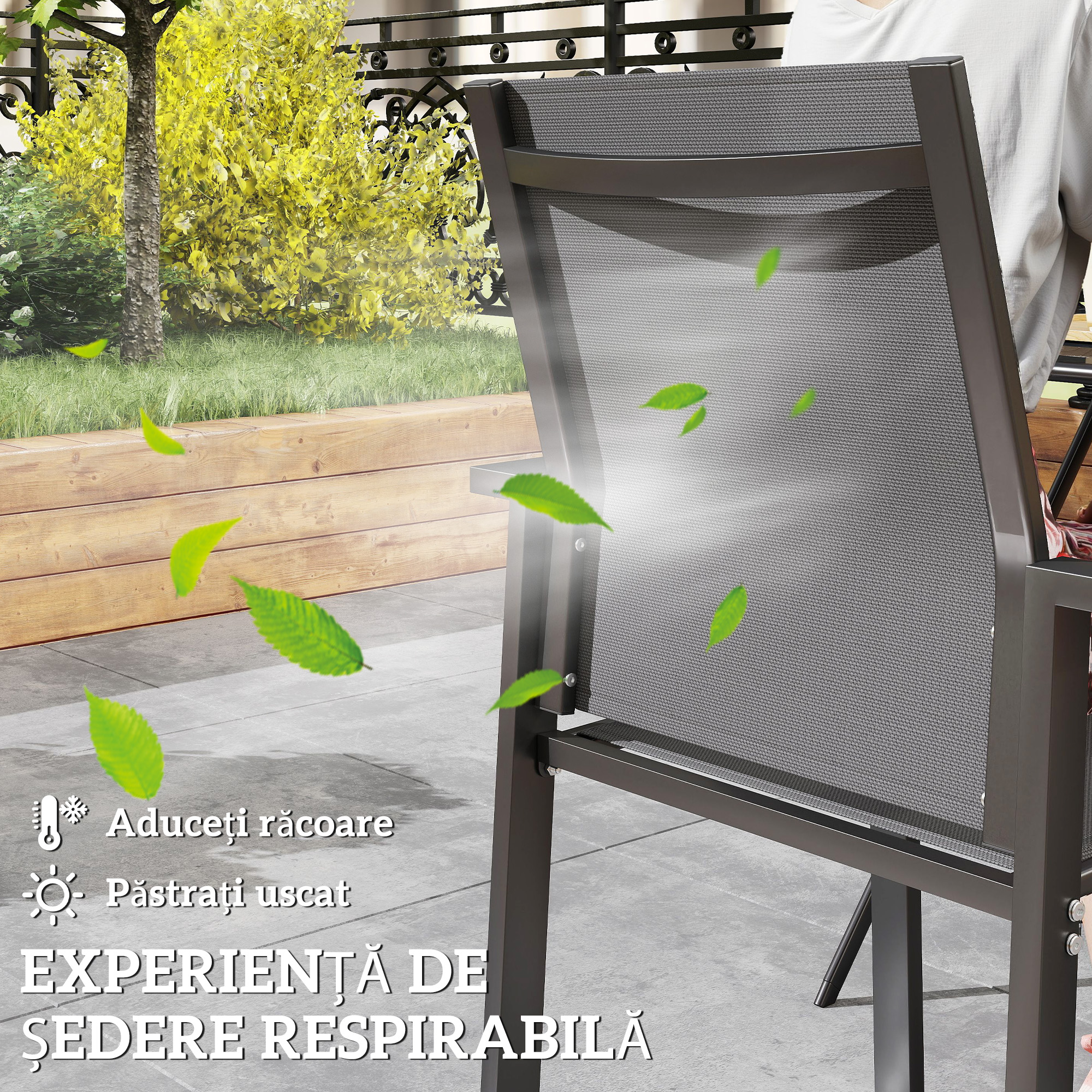  Set 2 Scaune de Gradina Stivuibile cu sezut Respirabil, din Aluminiu si Textilen, 56x58x89 cm, Gri Carbune [5]