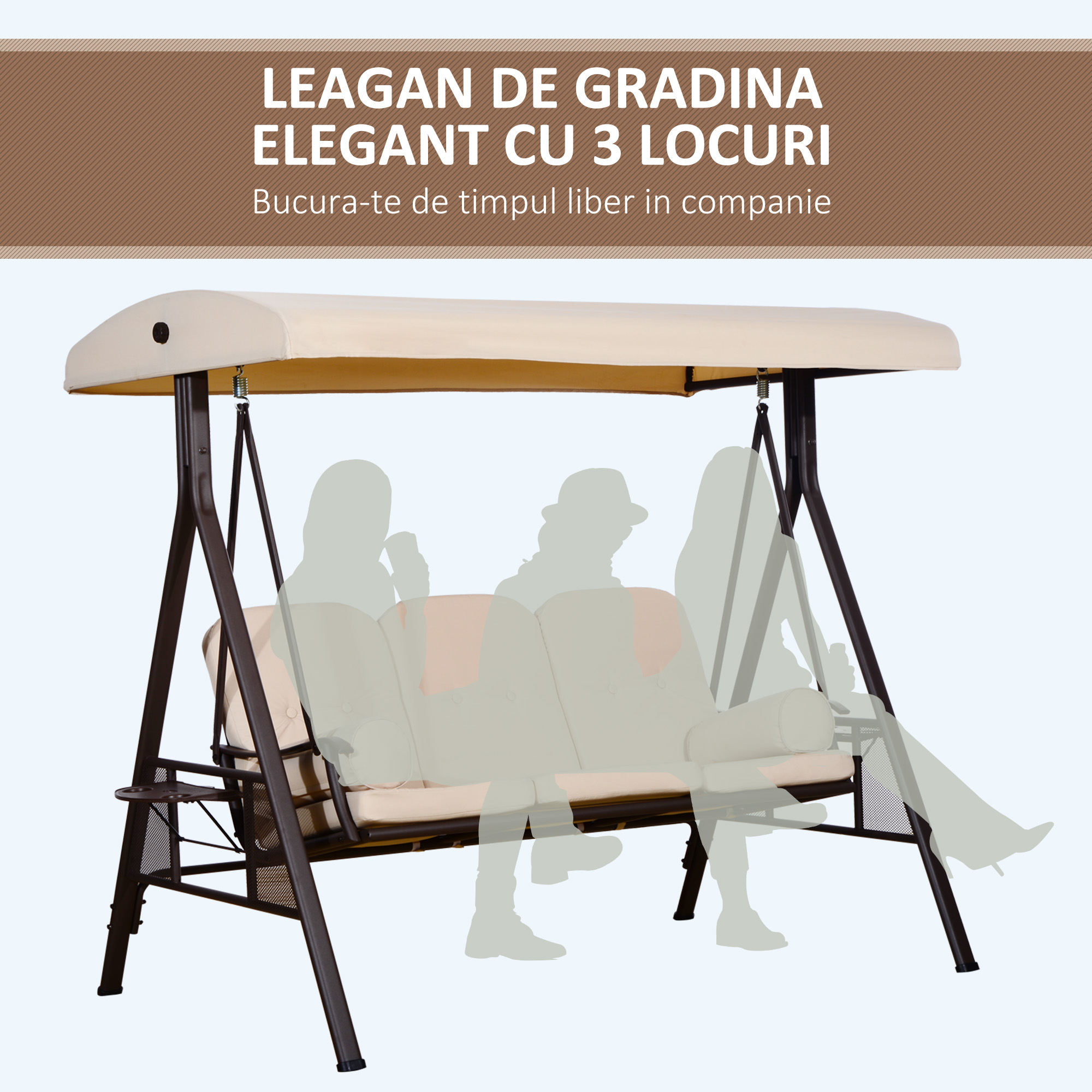  Leagan de Gradina cu 3 Locuri, Acoperis Reglabil, Suport pentru Pahare si Perne, 207x120,5x174 cm, Bej [6]