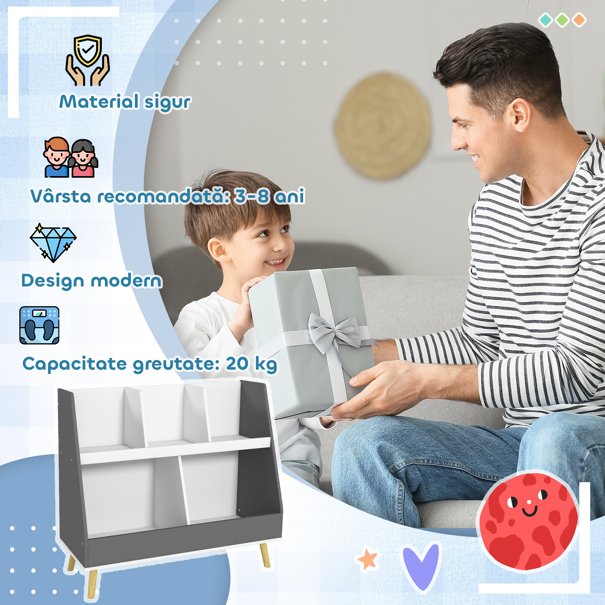  Comoda pentru depozitarea jucariilor pentru copii cu 2 niveluri si 5 compartimente din lemn, 80x34x79cm, gri [6]