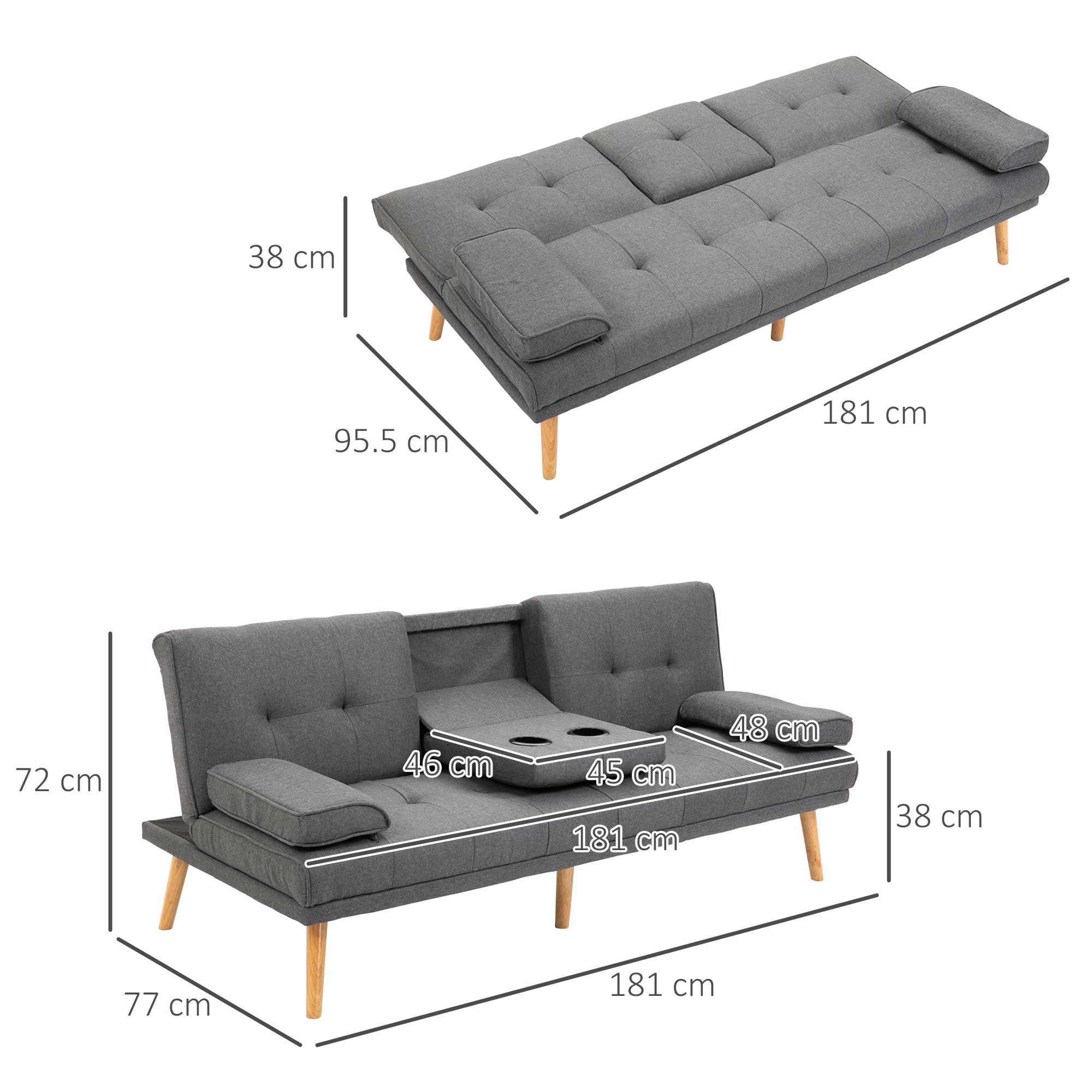  Canapea extensibila cu 3 locuri, 2 cotiere detasabile si covoras antiderapant, imitatie in si lemn de plop, 181x77x78cm, gri inchis [2]