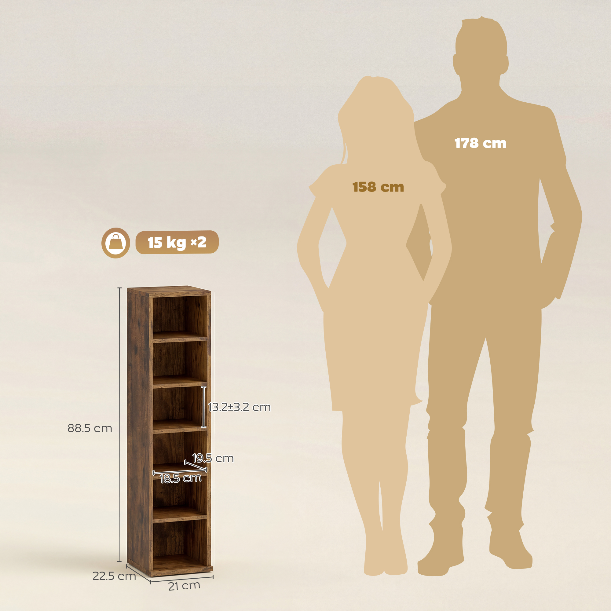  Set 2 Rafturi pentru CD-uri cu Polite Reglabile pentru 204 CD-uri din Lemn, 21x22,5x88,5 cm, Maro Rustic [2]