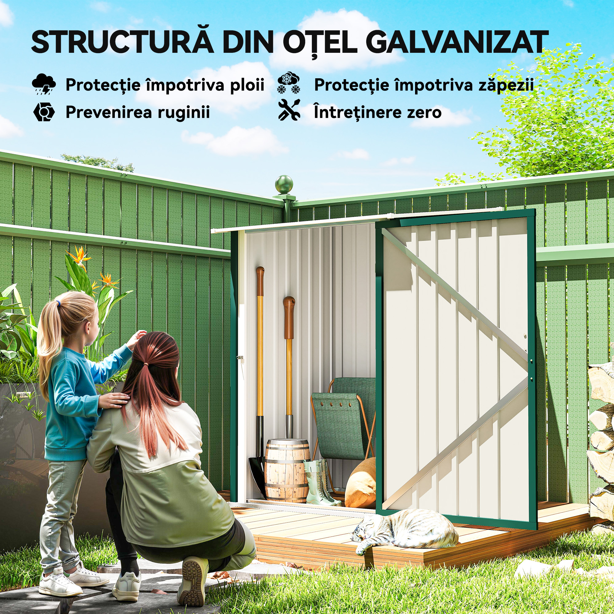  Magazie de Gradina 0,92m² din Otel Galvanizat, Depozit Unelte cu Usa Blocabila, Acoperis inclinat, 100x104x160 cm, Verde [3]