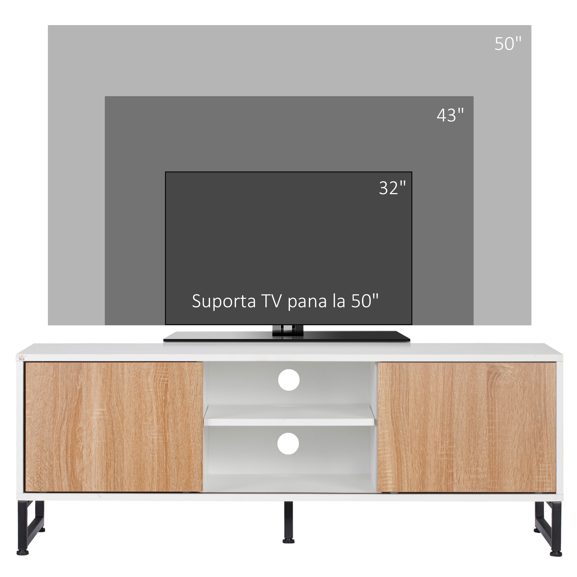  Suport TV pentru modele de pana la 50" Max, PAL modern si suport TV din otel cu 2 rafturi deschise si 2 dulapuri inchise, 120x39,5x45cm [5]