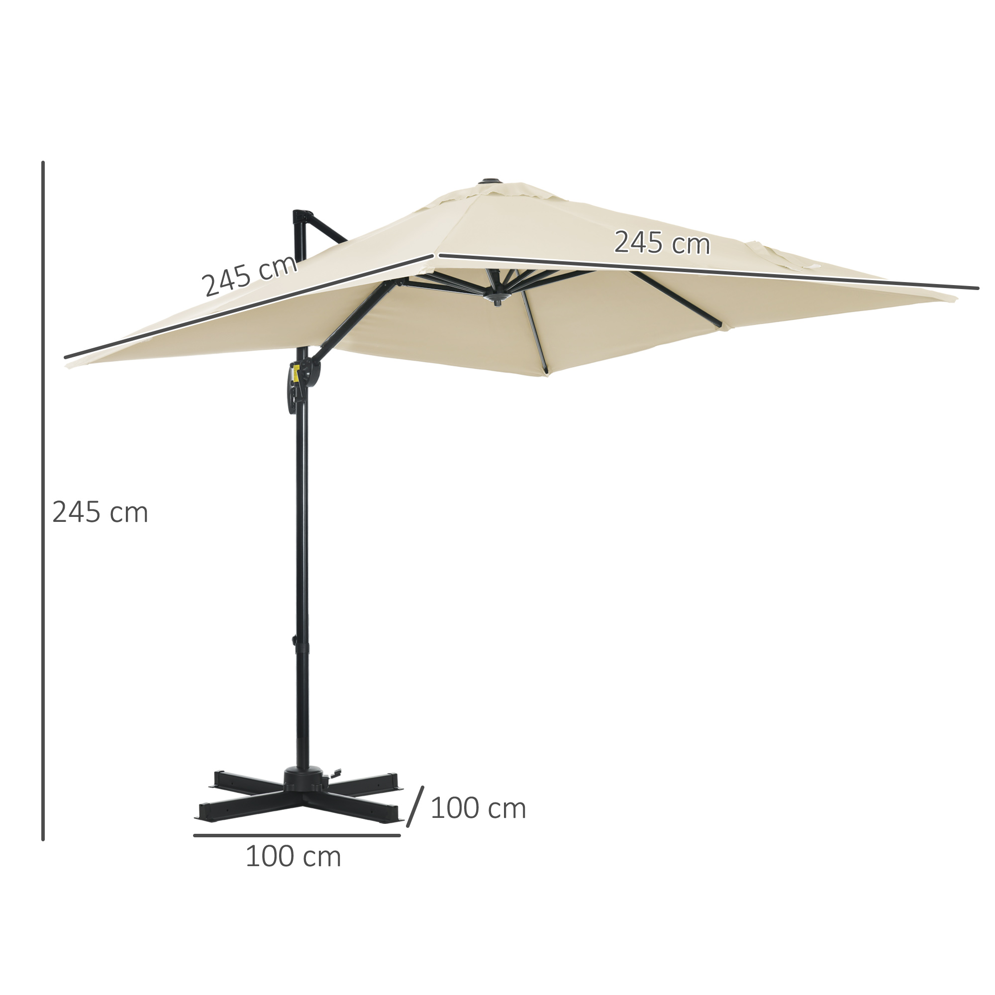  Umbrela de Gradina cu Manivela cu Rotatie 360°, Parasolar Reglabil, 245x245x245 cm, Crem [2]