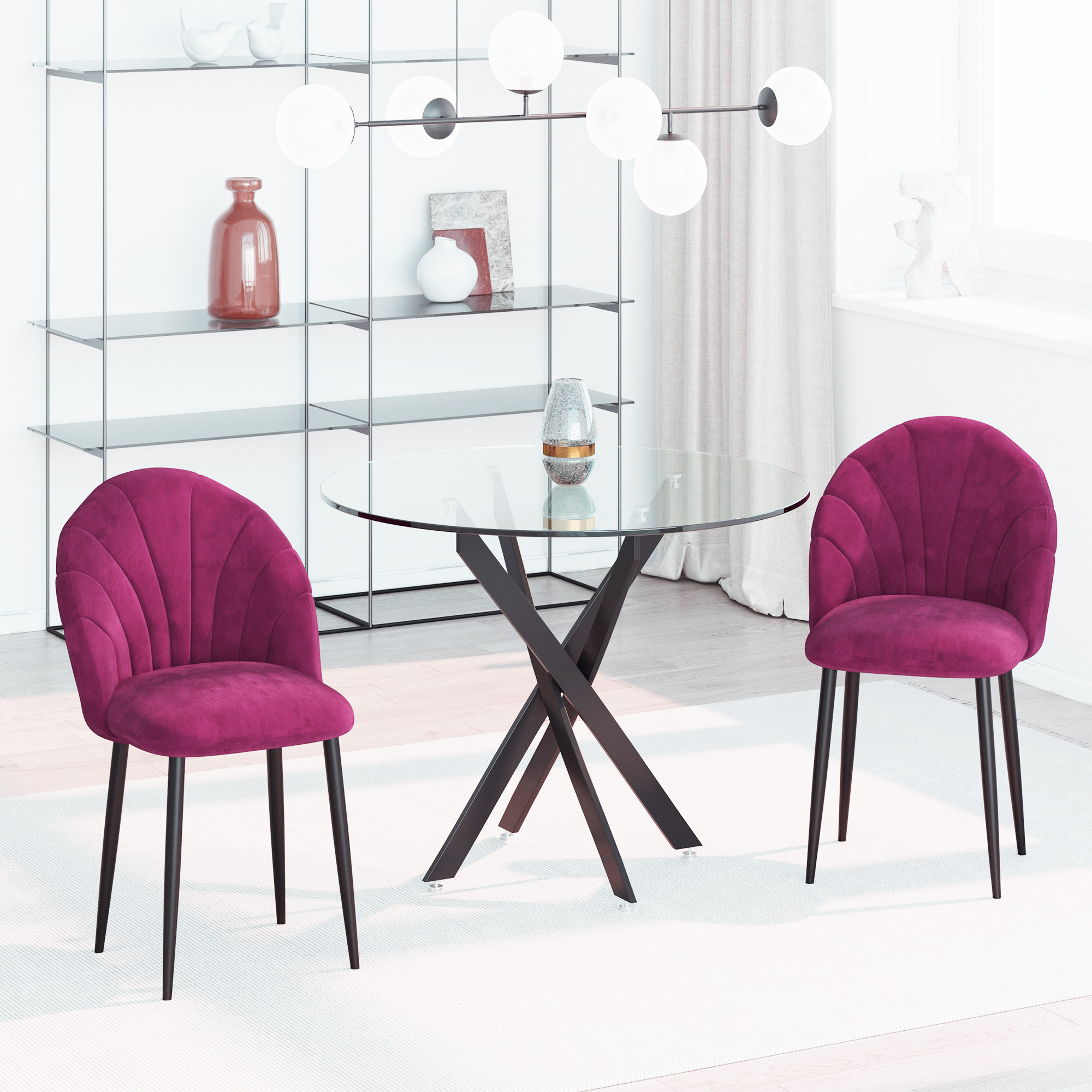  Set de 2 Scaune tapitate de sufragerie fara cotiere, spatar curbat fucsia [1]