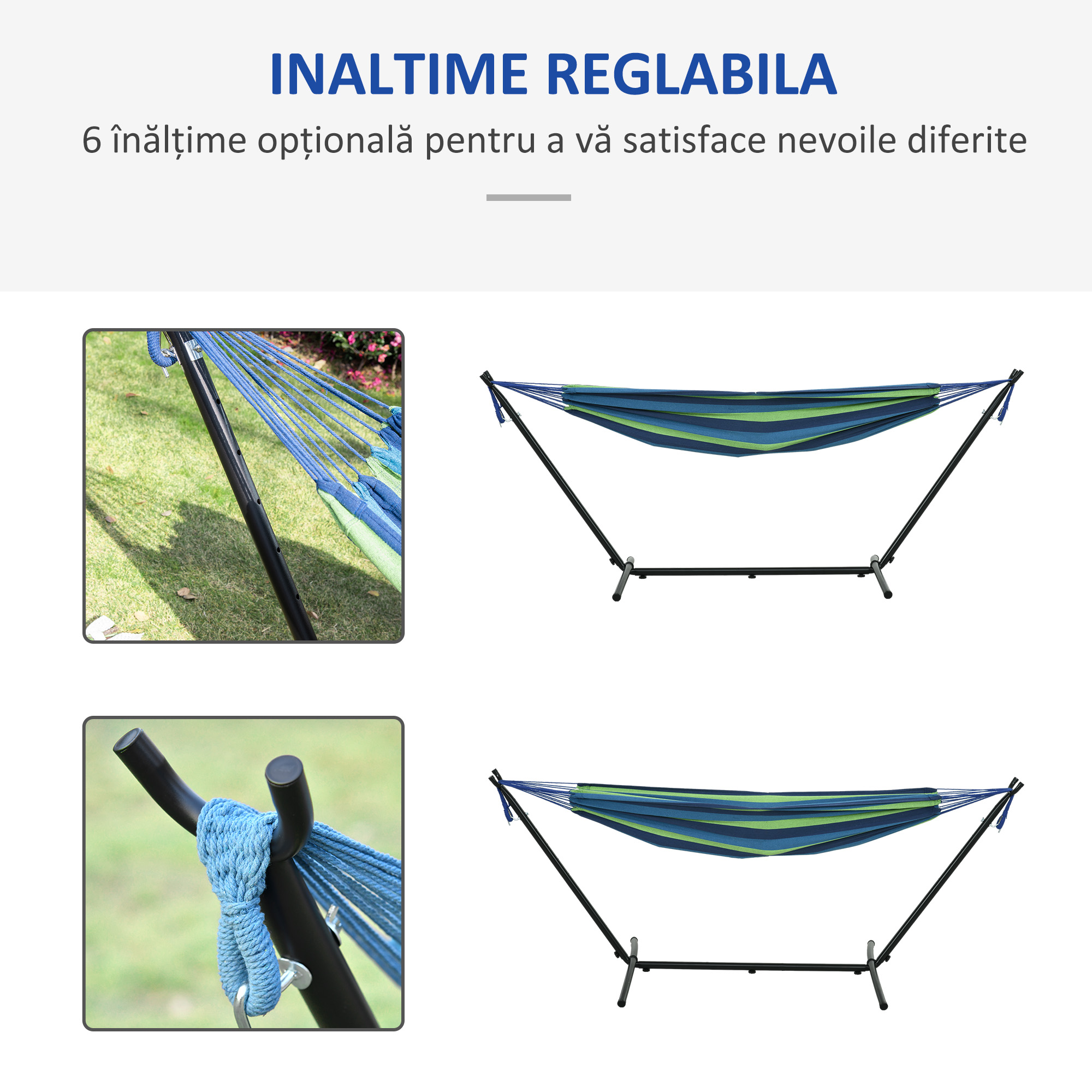  Hamac de Gradina Suspendat 310x117 cm cu inaltime Reglabila si Suport, Capacitate 120 kg, Hamac Autoportant cu Geanta de Transport, pentru Camping, Gradina, Balcon, Patio, Verde si Albastru [3]