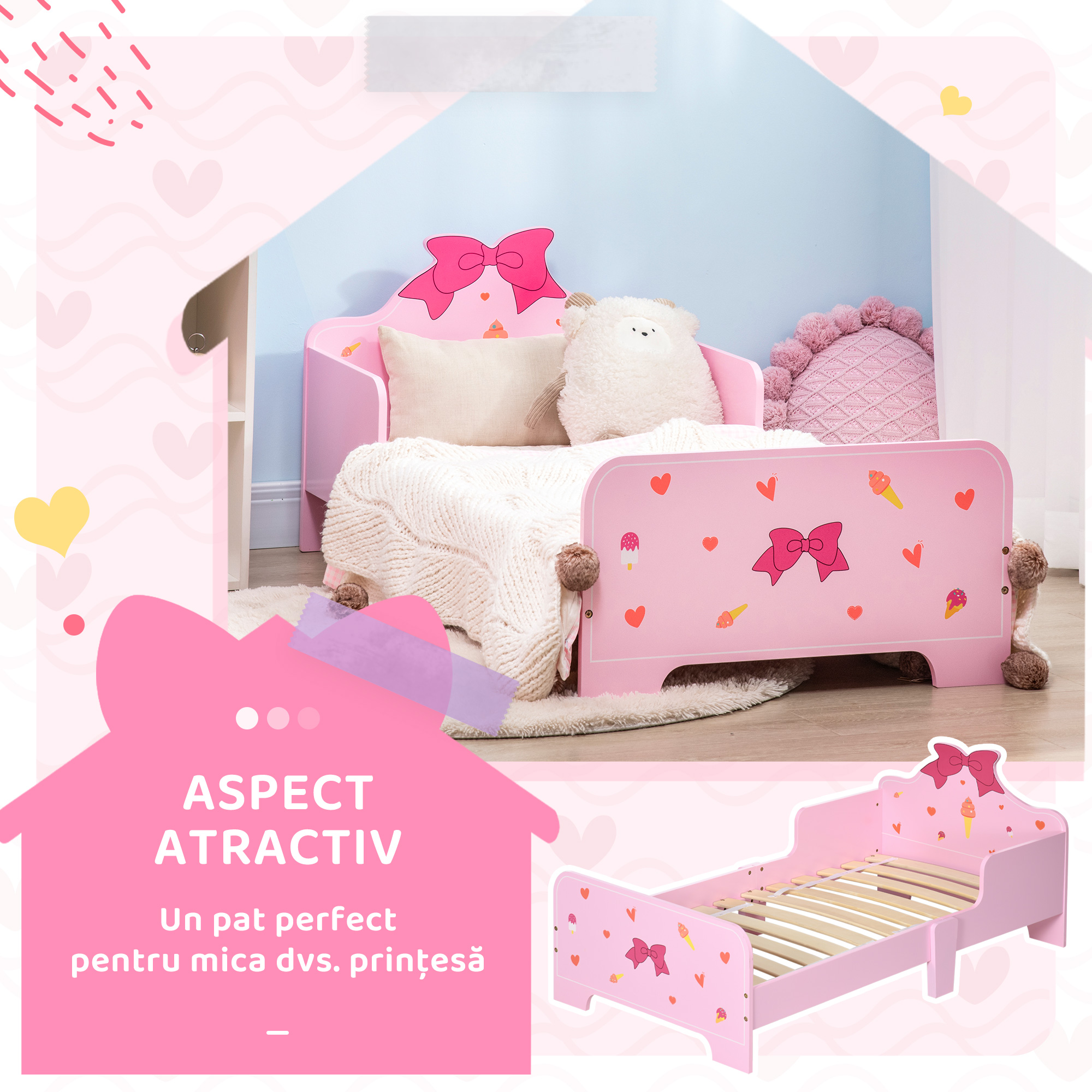  Pat pentru Copii cu Bariere Anti-Cadere, Patut pentru Copii cu Varsta 3-6 Ani, 143x74x59 cm, Roz [3]