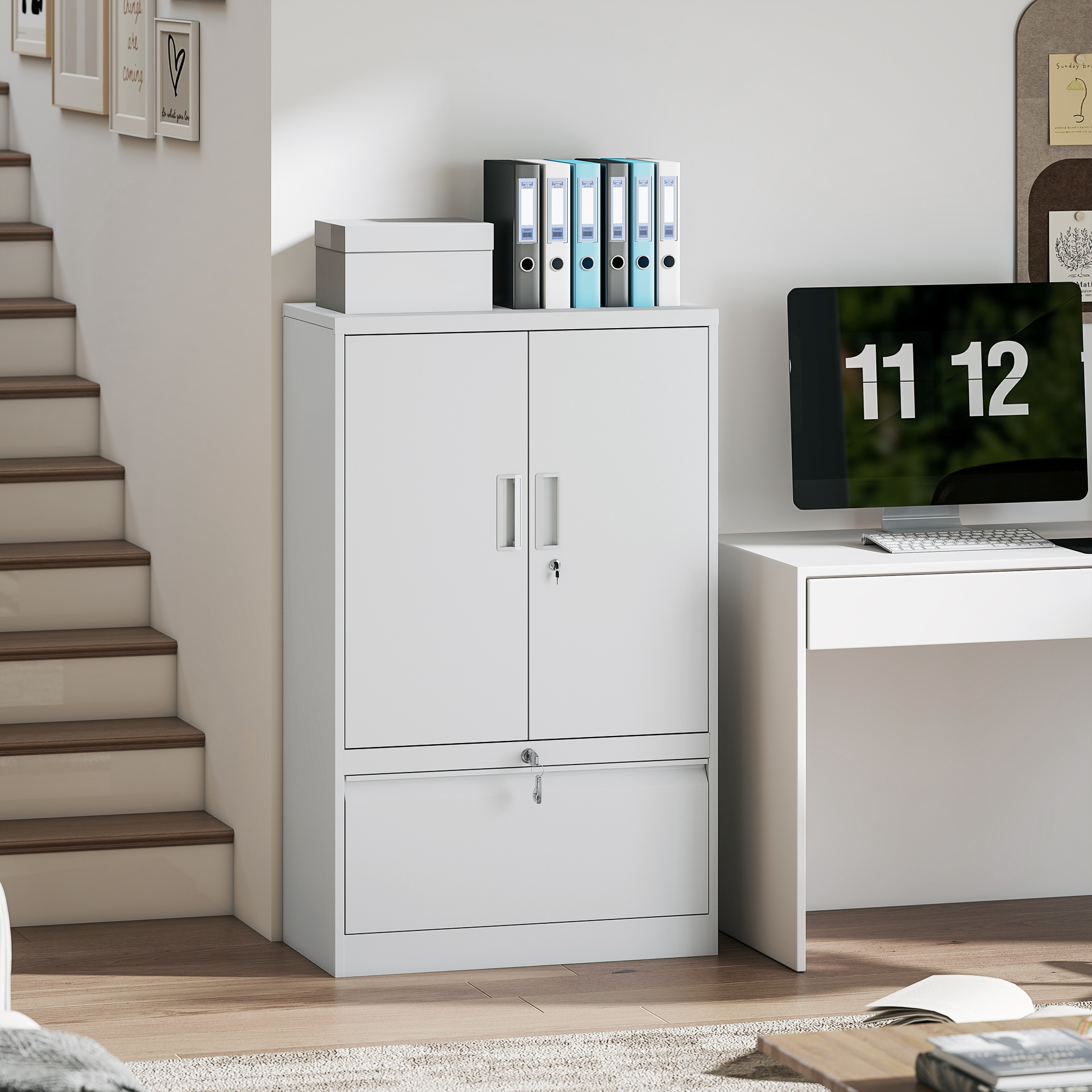  Dulap de Birou din Otel cu Raft Interior Reglabil si Sertar, 80x40x130 cm, Alb [1]