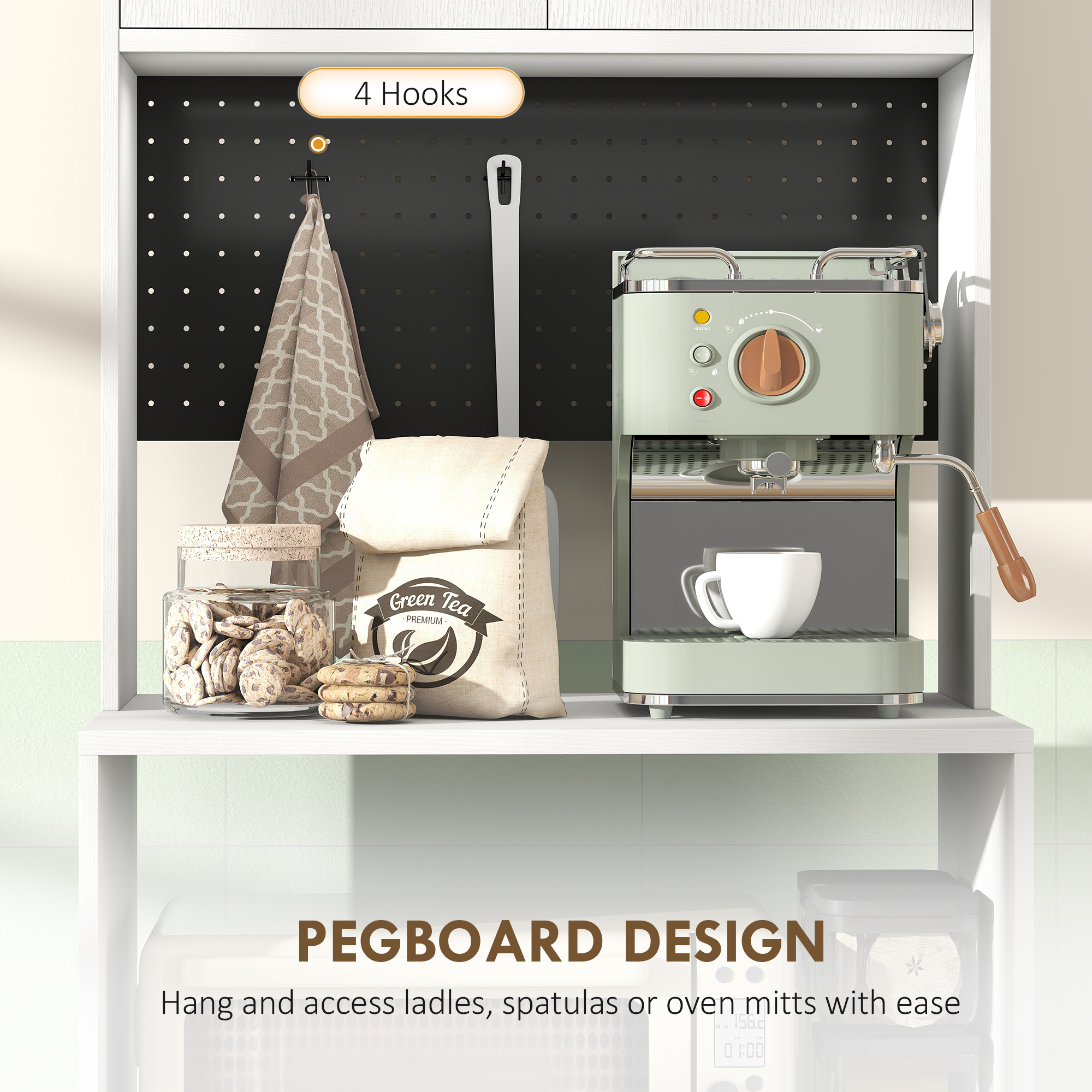  Dulap pentru Microunde cu Dulap, Blat de Lucru, Mobila de Bucatarie cu 2 Sertare, Panou Metalic, 4 Carlige, Raft Reglabil pentru Bucatarie, Sala de Masa, Living, Alb [4]