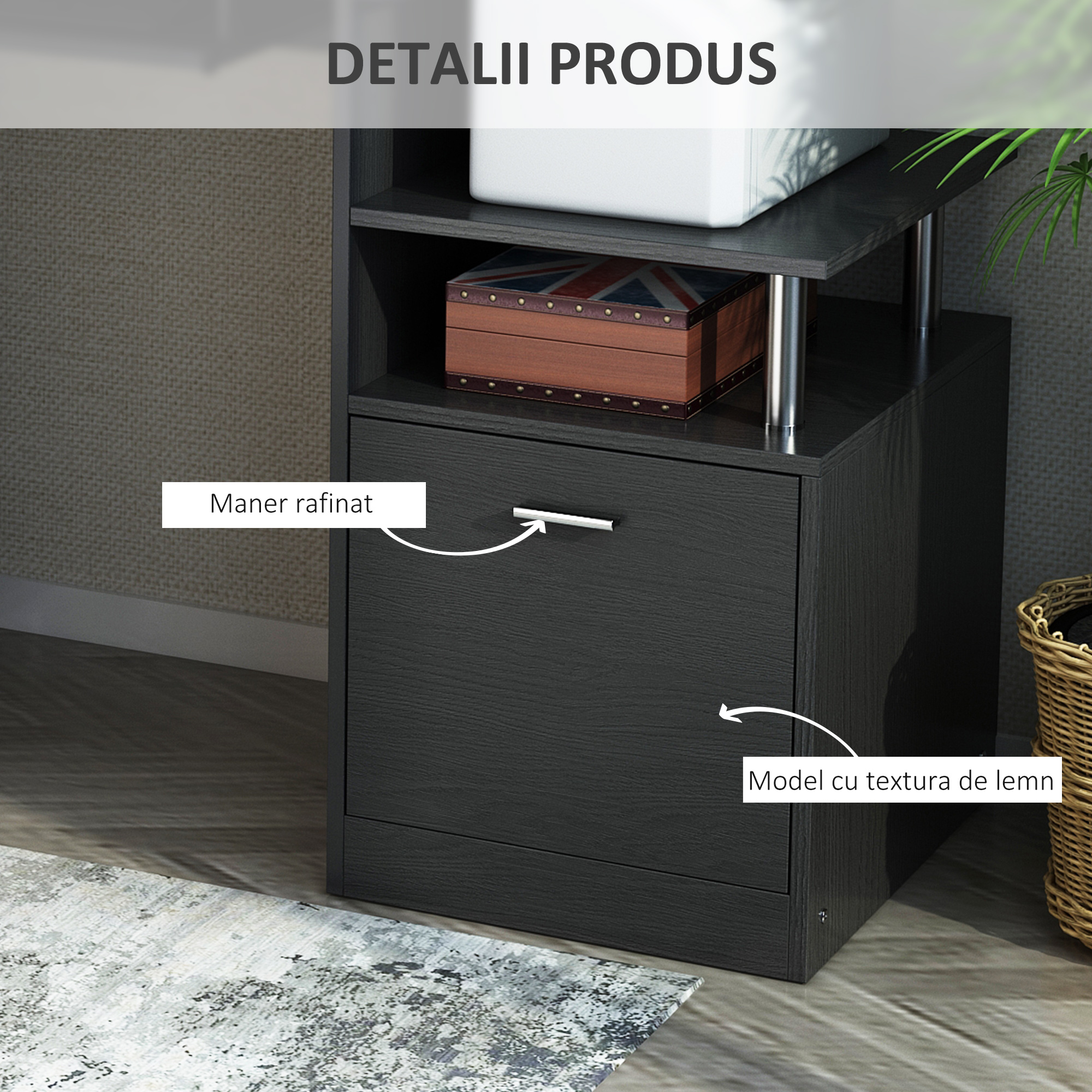  Masa de Birou pentru Calculator, Moderna, Masa de Birou PC cu Etajera Culisanta pentru Tastatura, 152 x 60 x 88 cm, Neagra [4]