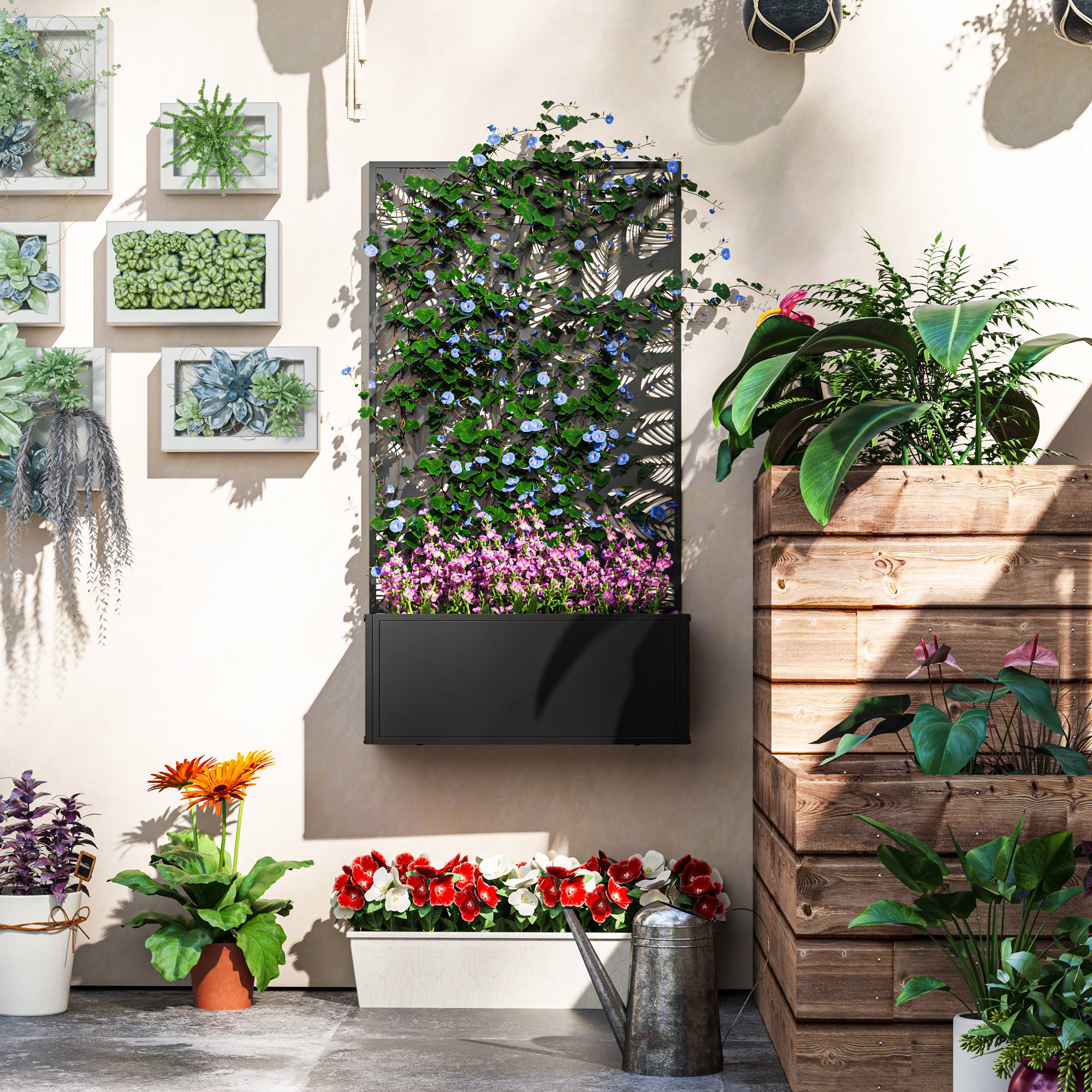  Jardiniera cu Grilaj pentru Plante Cataratoare cu Montare pe Perete sau Independent, 61x23x113 cm, Negru [6]