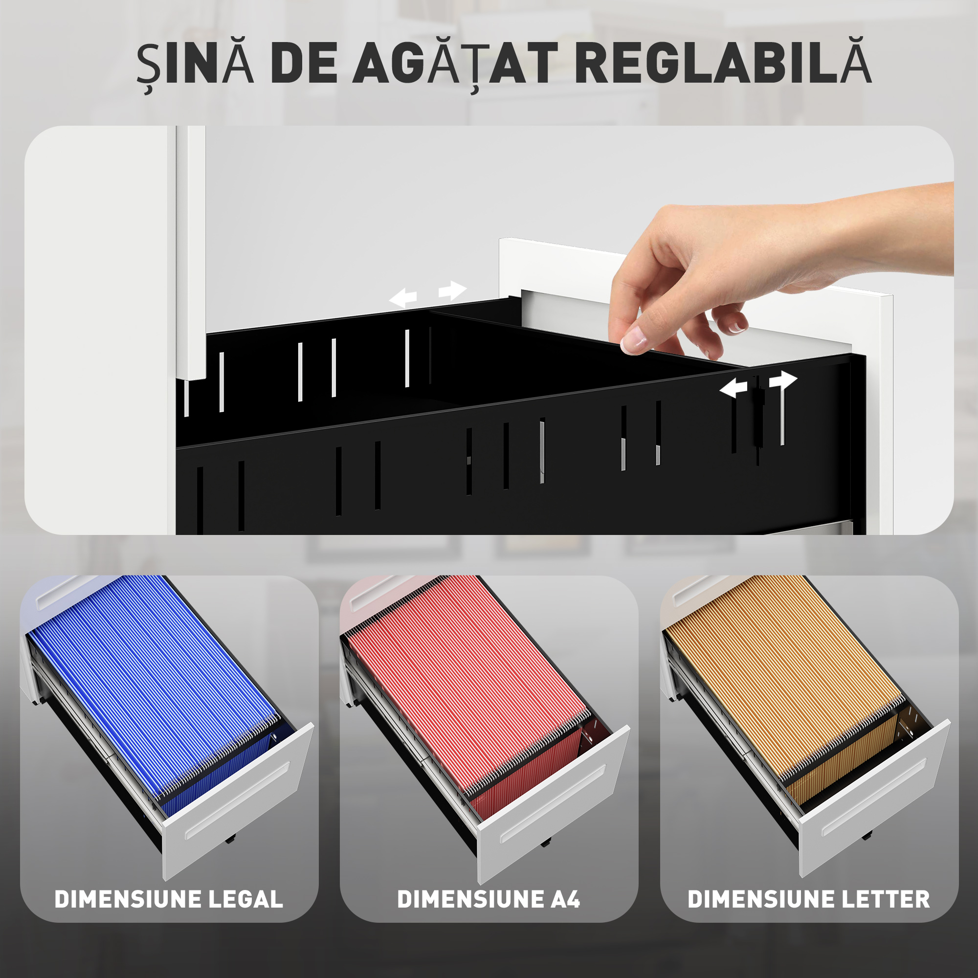  Dulap cu Sertare pentru Birou cu 5 Roti, 3 Sertare cu incuietoare si Chei, 30x43.5x60 cm, Alb [4]