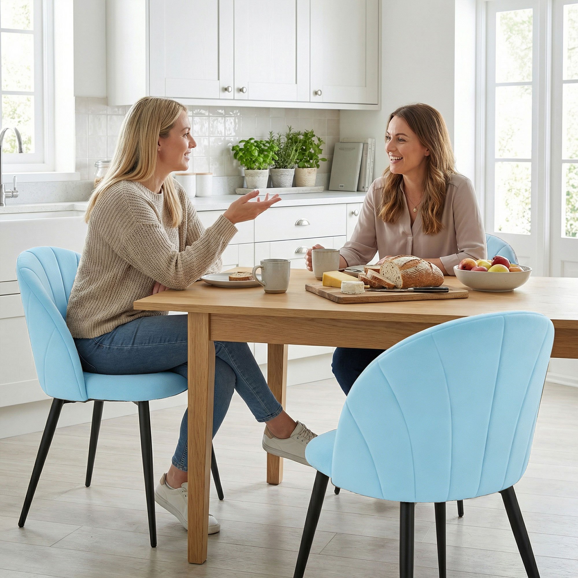 , Scaun de sufragerie, in Forma de Scoica, Catifea si otel, 52cm x 55cm x 79cm, Albastru Deschis [7]