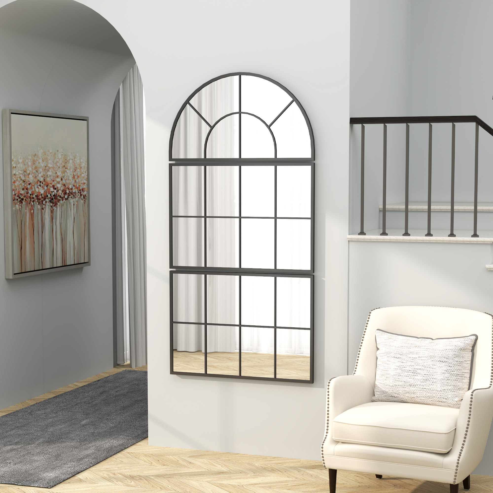  Oglinda de Perete Arcuita in Forma de Fereastra pentru Hol si Sufragerie cu 3 Agatatori, 76x43 cm, Negru [7]