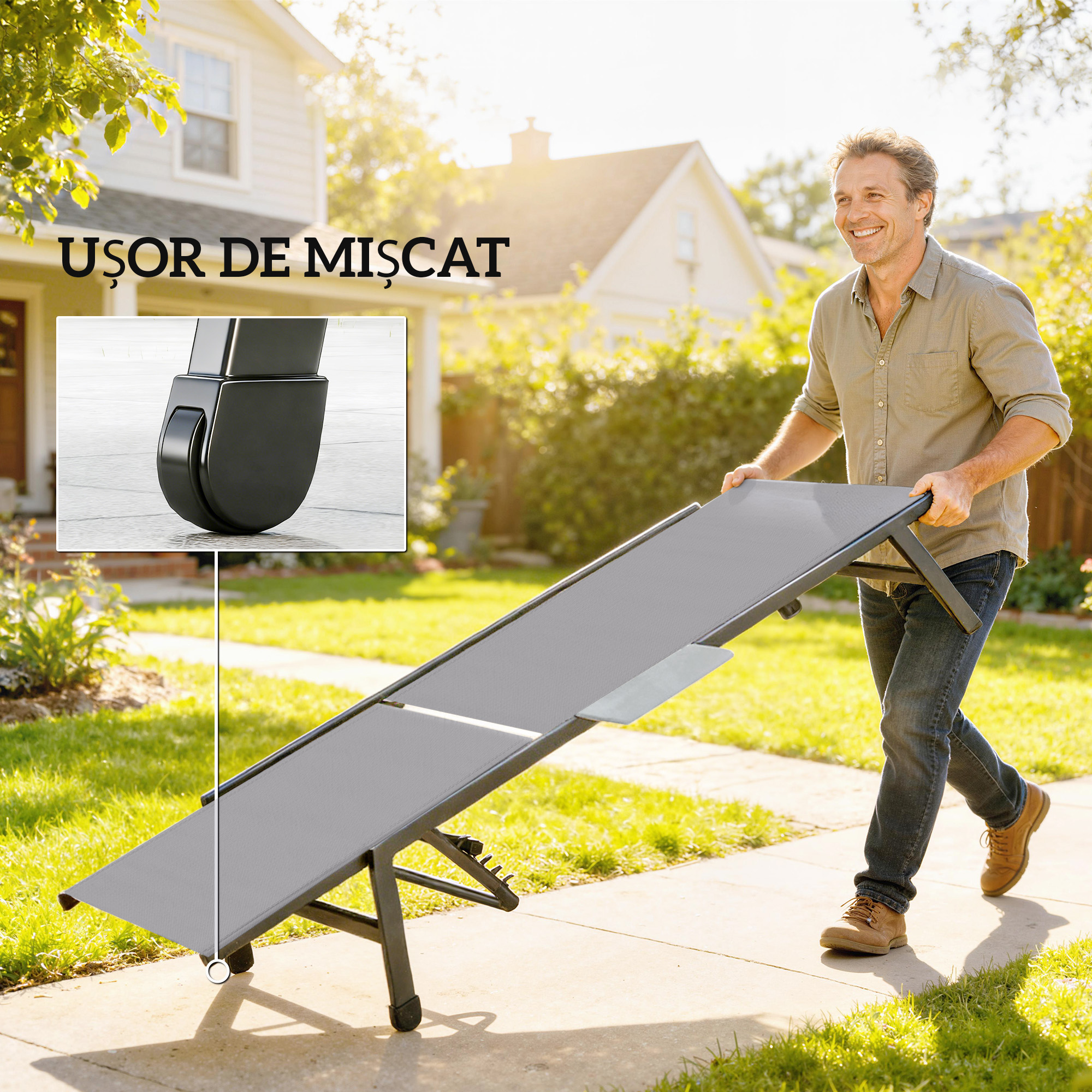  Set 2 sezlonguri Reglabile in 5 Pozitii cu Masuta Laterala si 2 Roti, din Metal si Poliester, Gri [6]