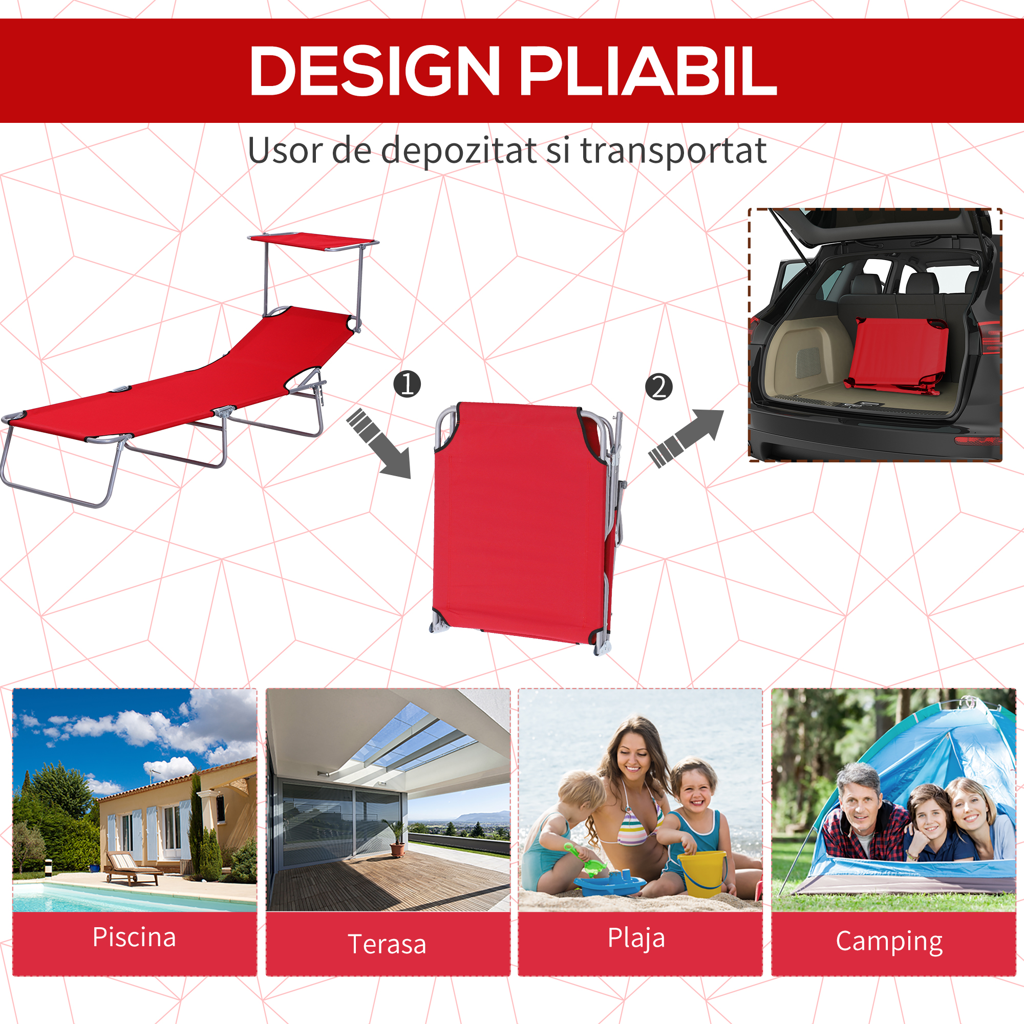  Sezlong de exterior pliabil cu spatar reglabil, sezlong rabatabil cu baldachin pentru plaja, camping, drumetii, gradina [4]