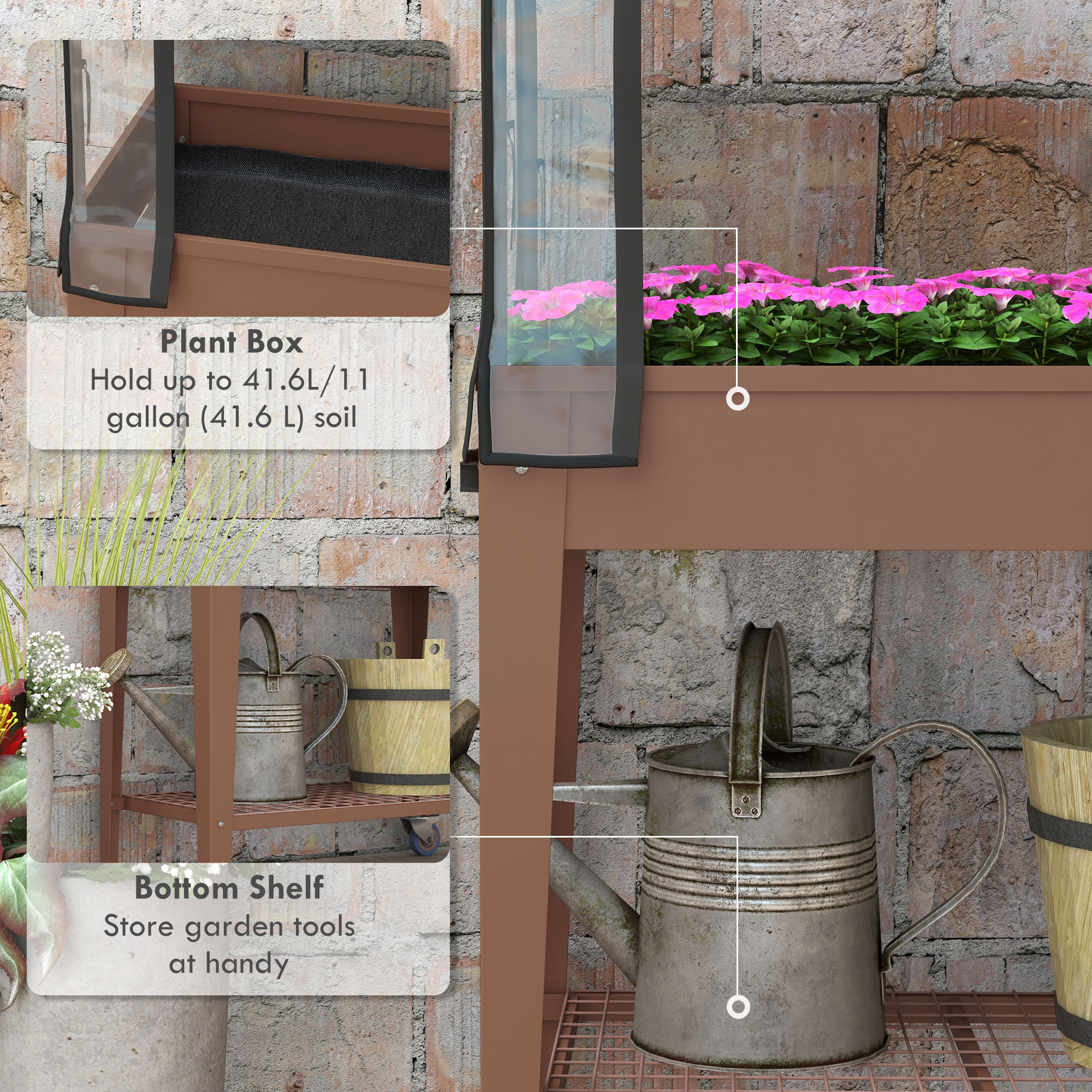  Furca de gradina inaltata cu mini sera pentru plante, roti si raft, 80x40x120cm, maro [4]